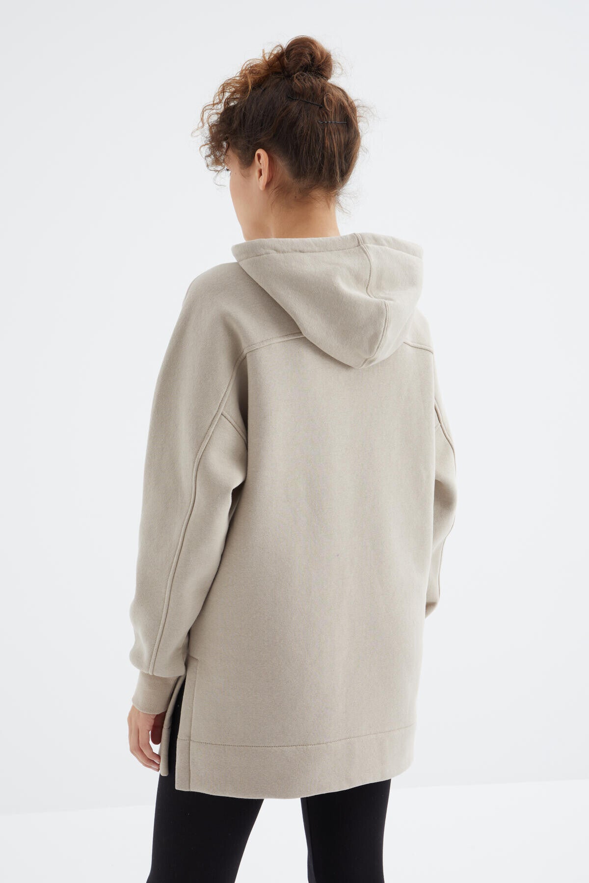 Koyu Bej Reglan Kol Basic Kapüşonlu Oversize Sweatshirt Tunik - 97242