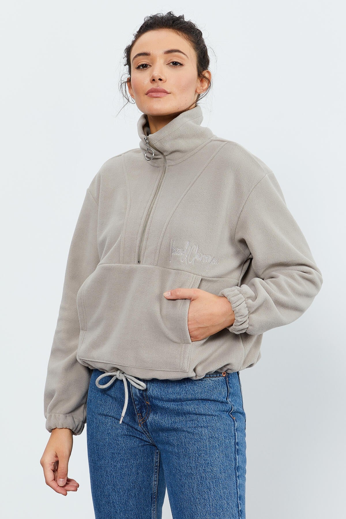 Koyu Bej Yarım Fermuar Etek Ucu Büzgülü Kadın Polar Oversize Sweatshirt - 97171