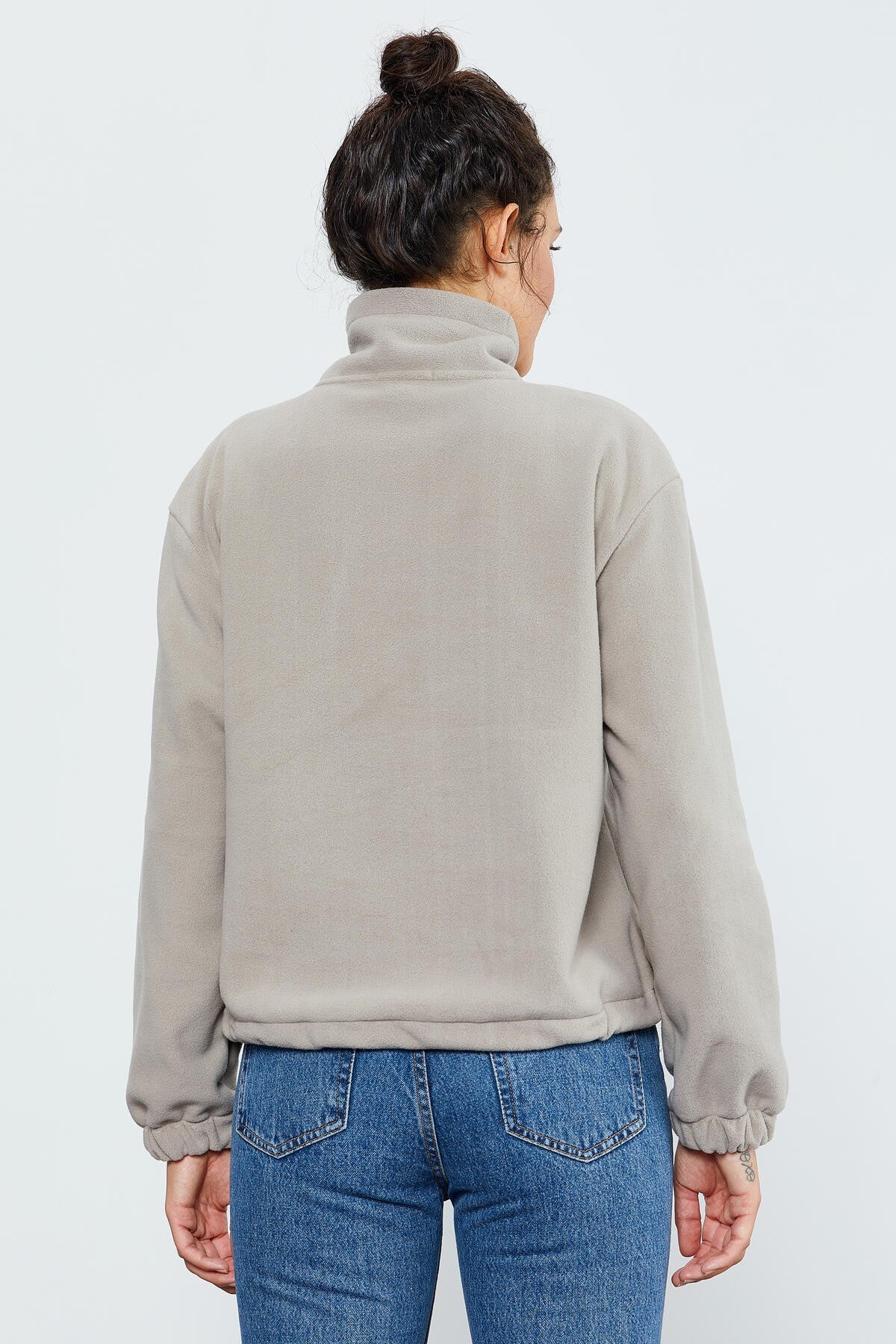 Koyu Bej Yarım Fermuar Etek Ucu Büzgülü Kadın Polar Oversize Sweatshirt - 97171