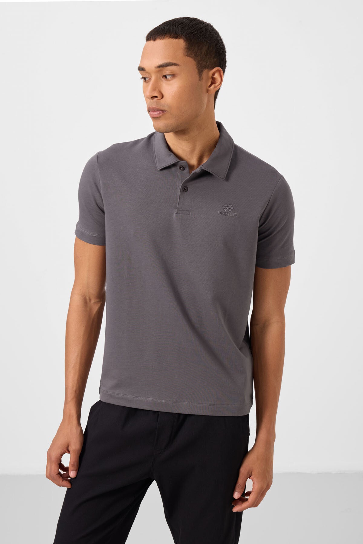 Koyu Gri Standart Kalıp Basic Polo Yaka Erkek T-Shirt - 87748