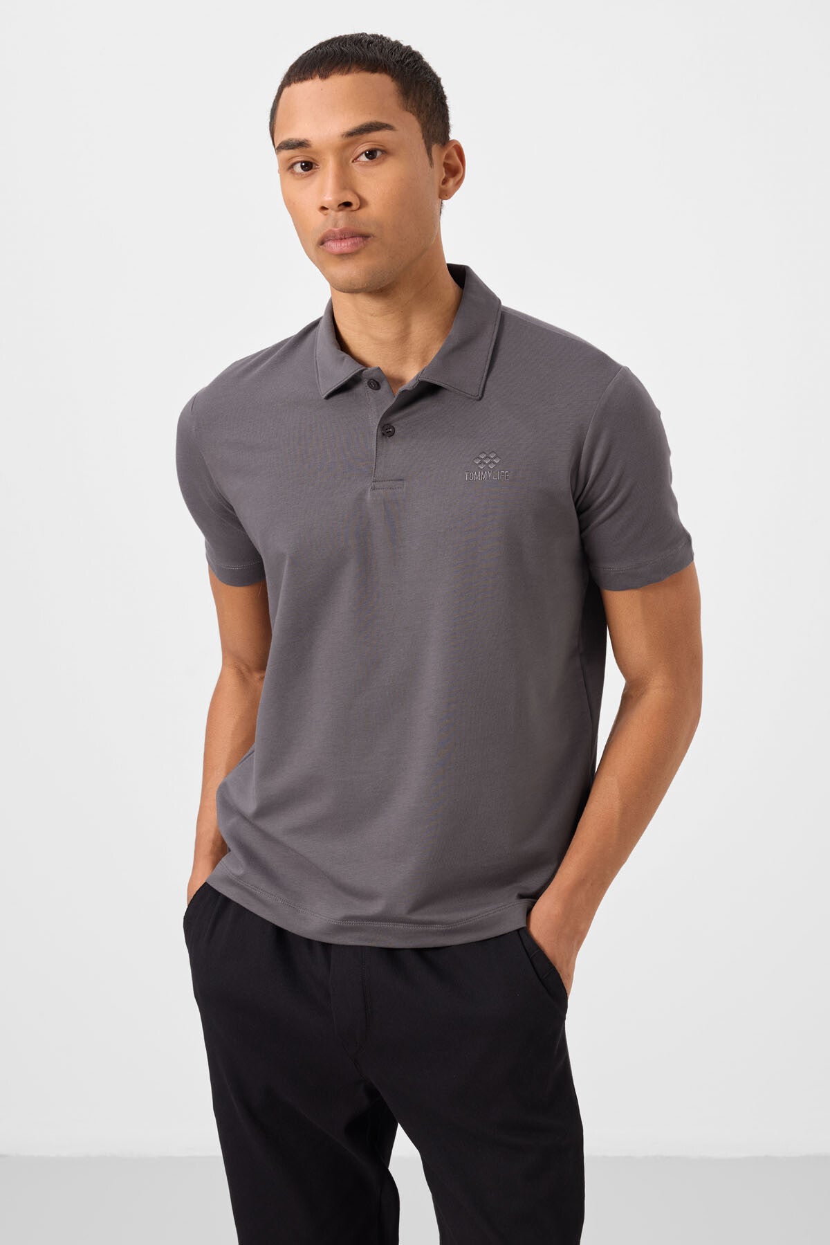Koyu Gri Standart Kalıp Basic Polo Yaka Erkek T-Shirt - 87748