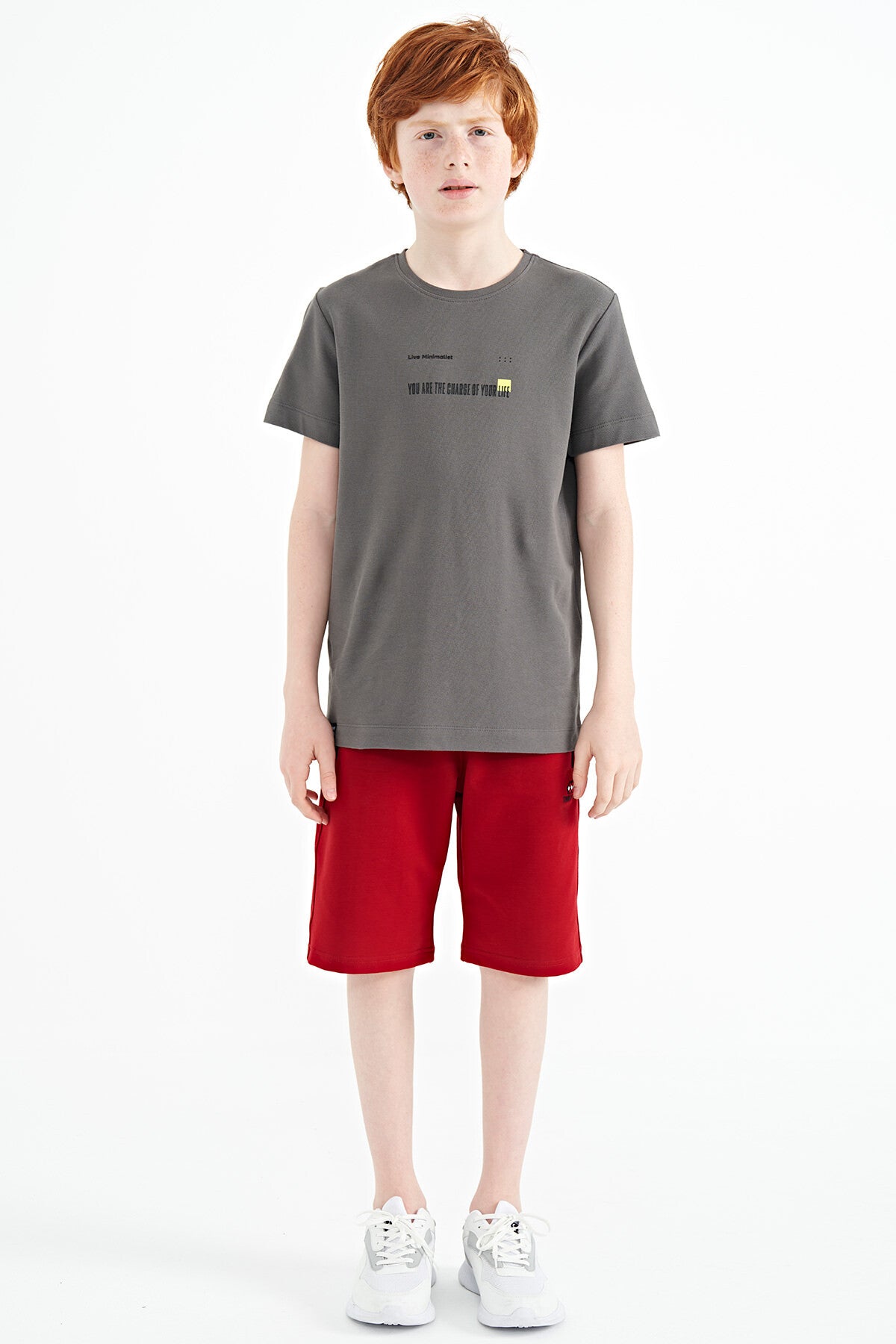 Koyu Gri Baskı Detaylı O Yaka Standart Kalıp Erkek Çocuk T-Shirt - 11117