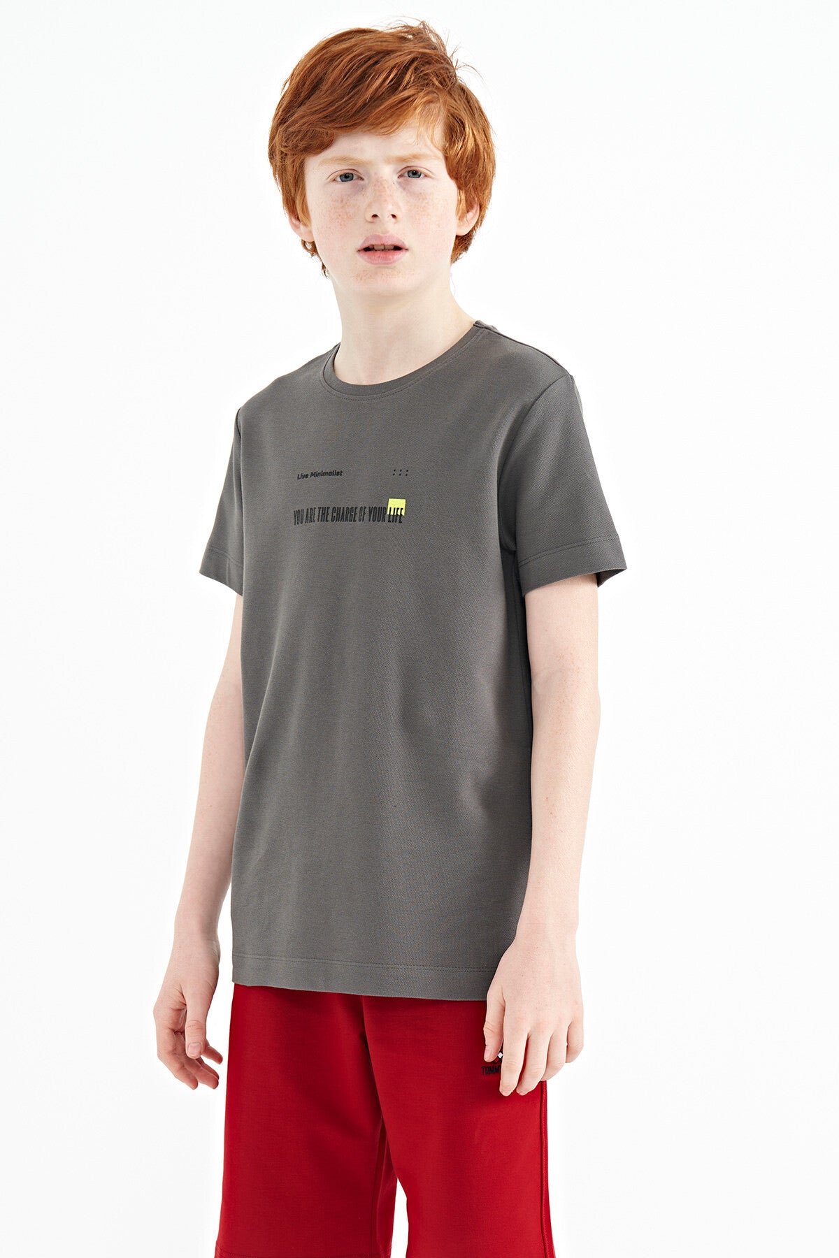 Koyu Gri Baskı Detaylı O Yaka Standart Kalıp Erkek Çocuk T-Shirt - 11117