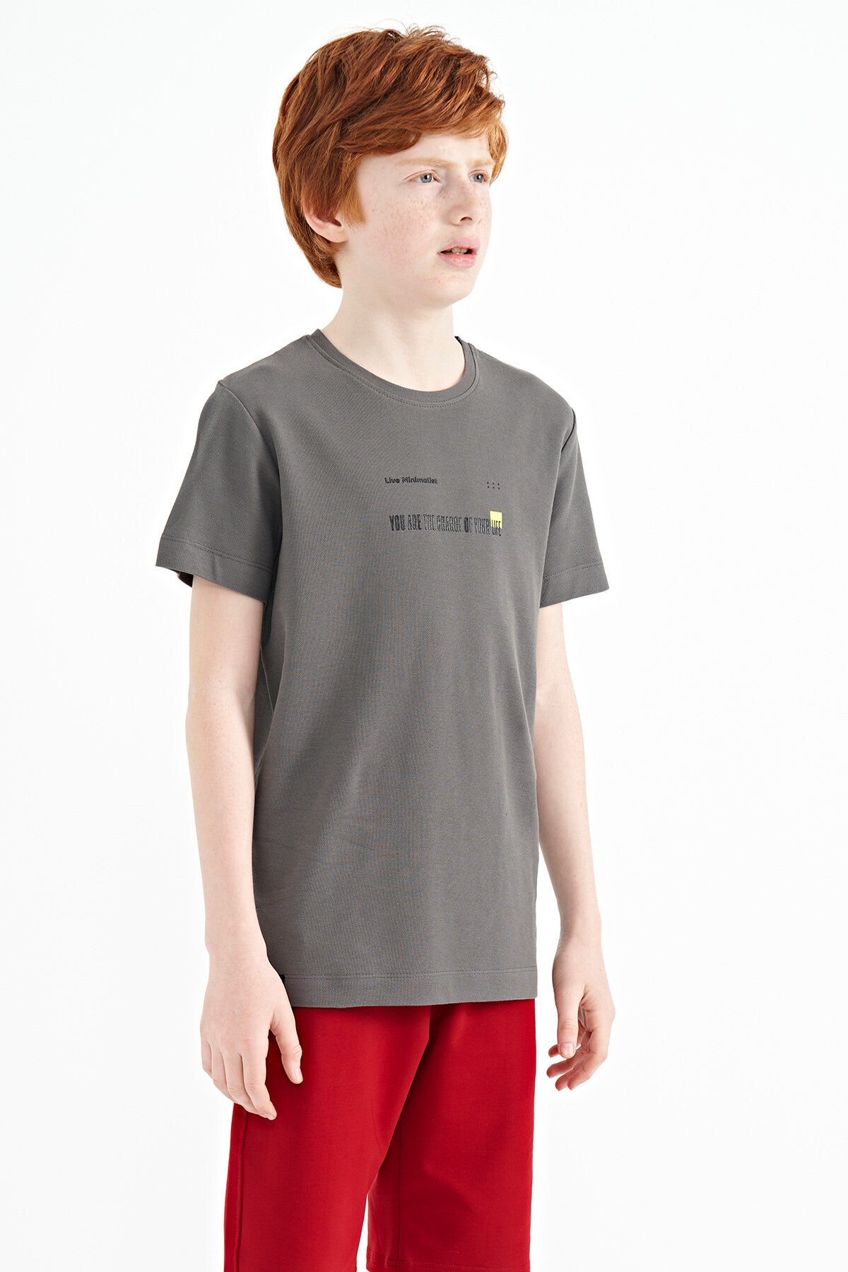 Koyu Gri Baskı Detaylı O Yaka Standart Kalıp Erkek Çocuk T-Shirt - 11117