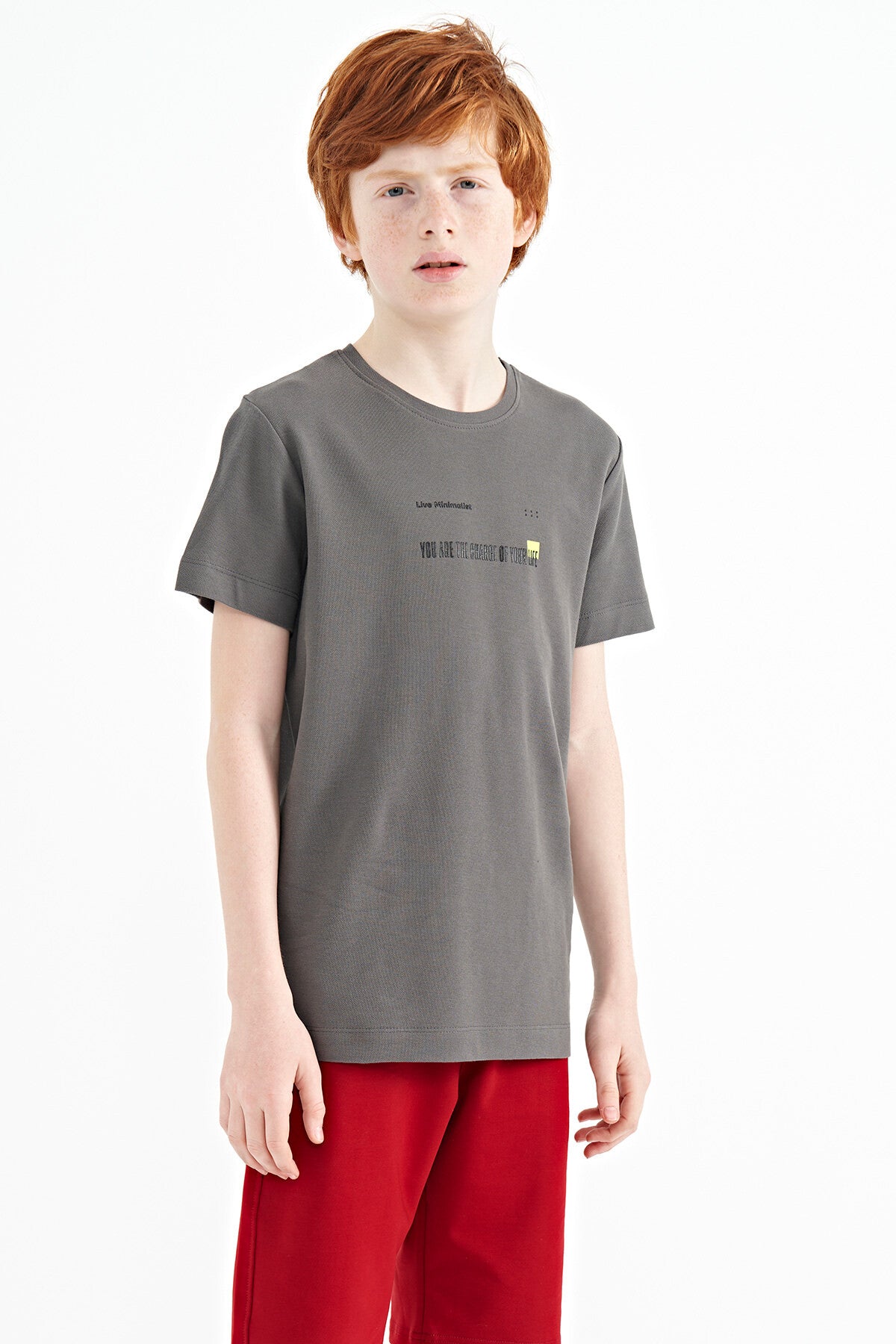 Koyu Gri Baskı Detaylı O Yaka Standart Kalıp Erkek Çocuk T-Shirt - 11117