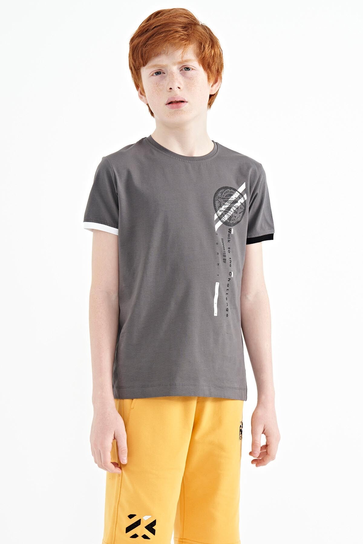Koyu Gri Baskı Detaylı O Yaka Standart Kalıp Erkek Çocuk T-Shirt - 11131