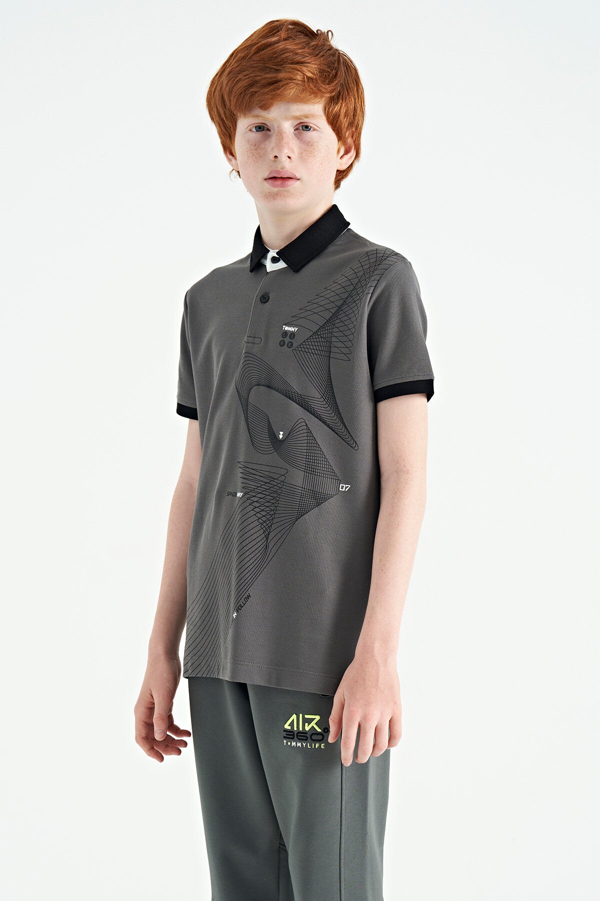 Koyu Gri Baskı Detaylı Standart Kalıp Polo Yaka Erkek Çocuk T-Shirt - 11164