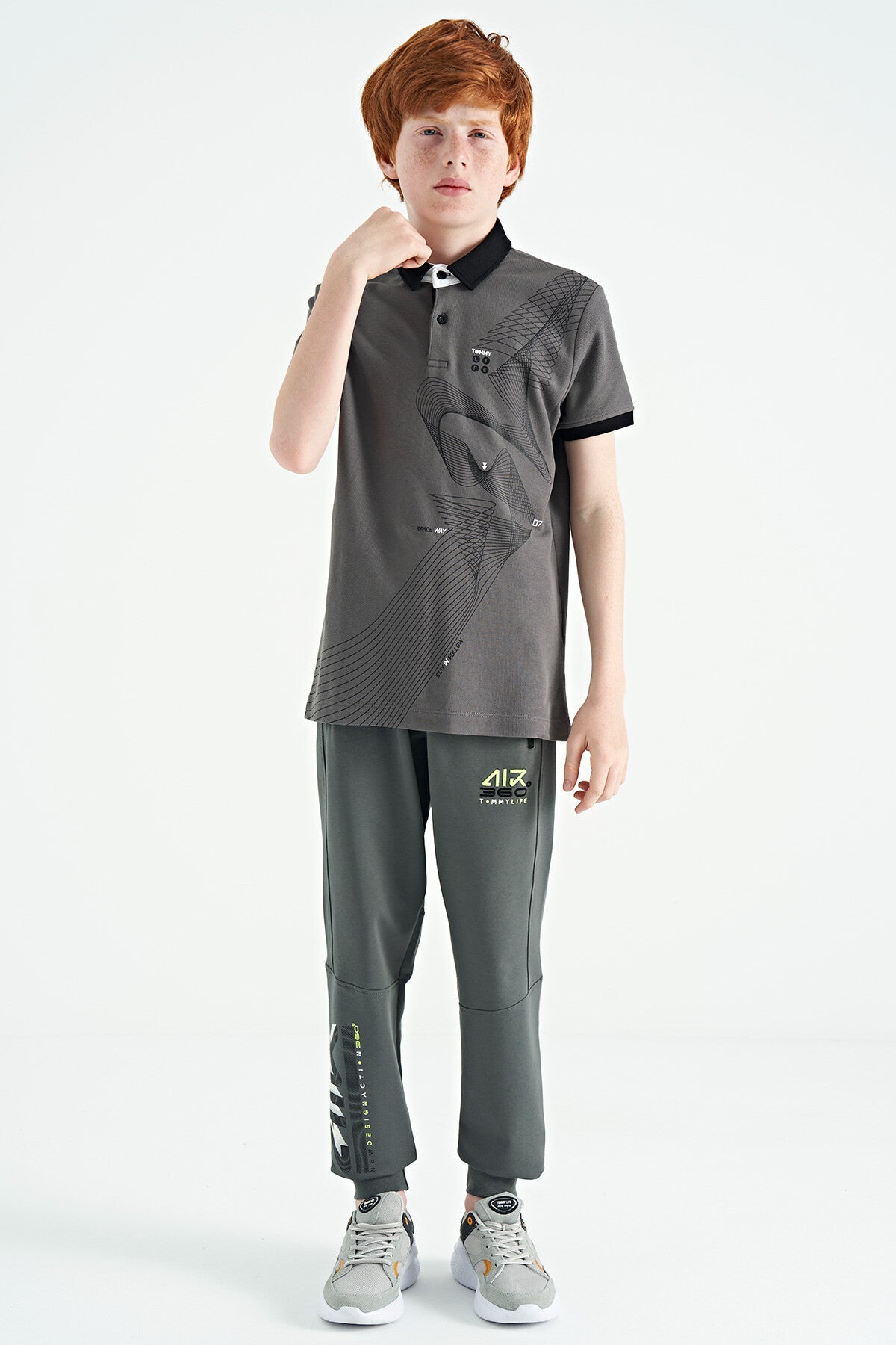 Koyu Gri Baskı Detaylı Standart Kalıp Polo Yaka Erkek Çocuk T-Shirt - 11164