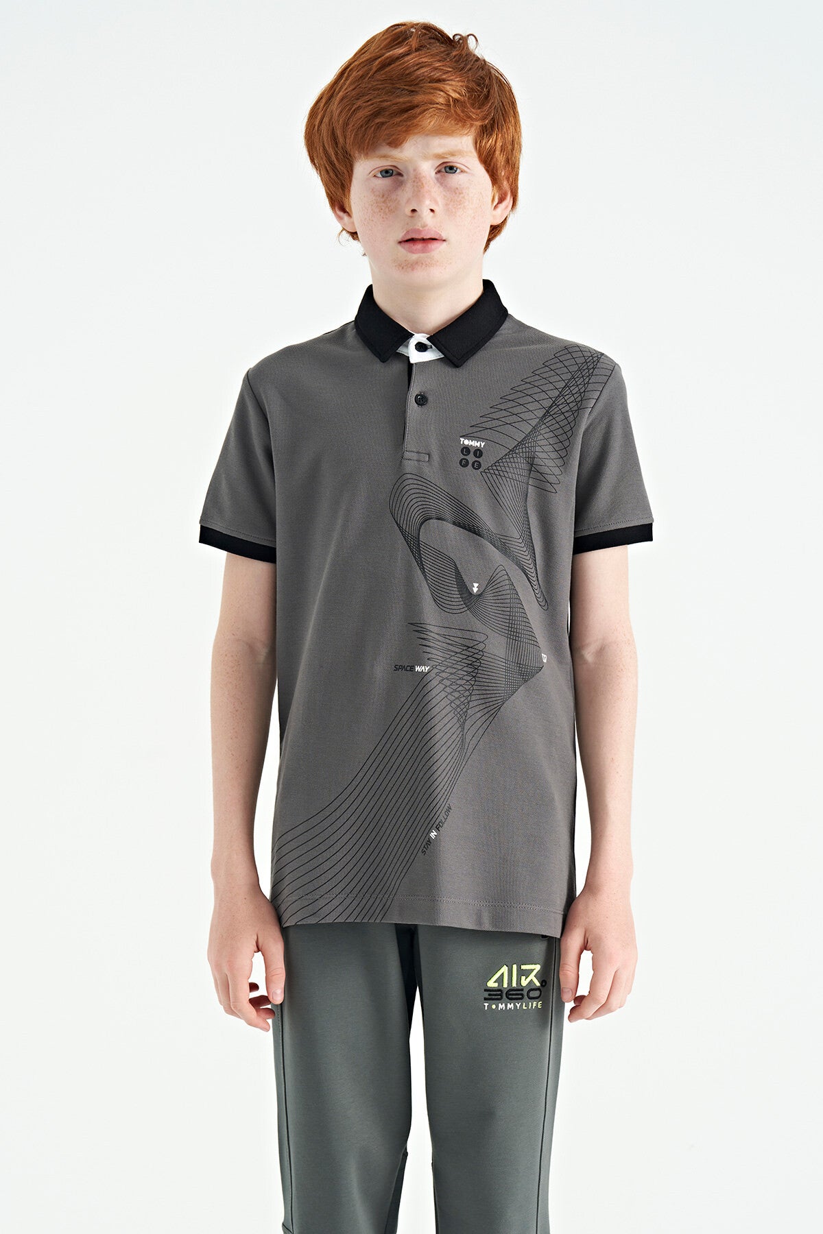 Koyu Gri Baskı Detaylı Standart Kalıp Polo Yaka Erkek Çocuk T-Shirt - 11164