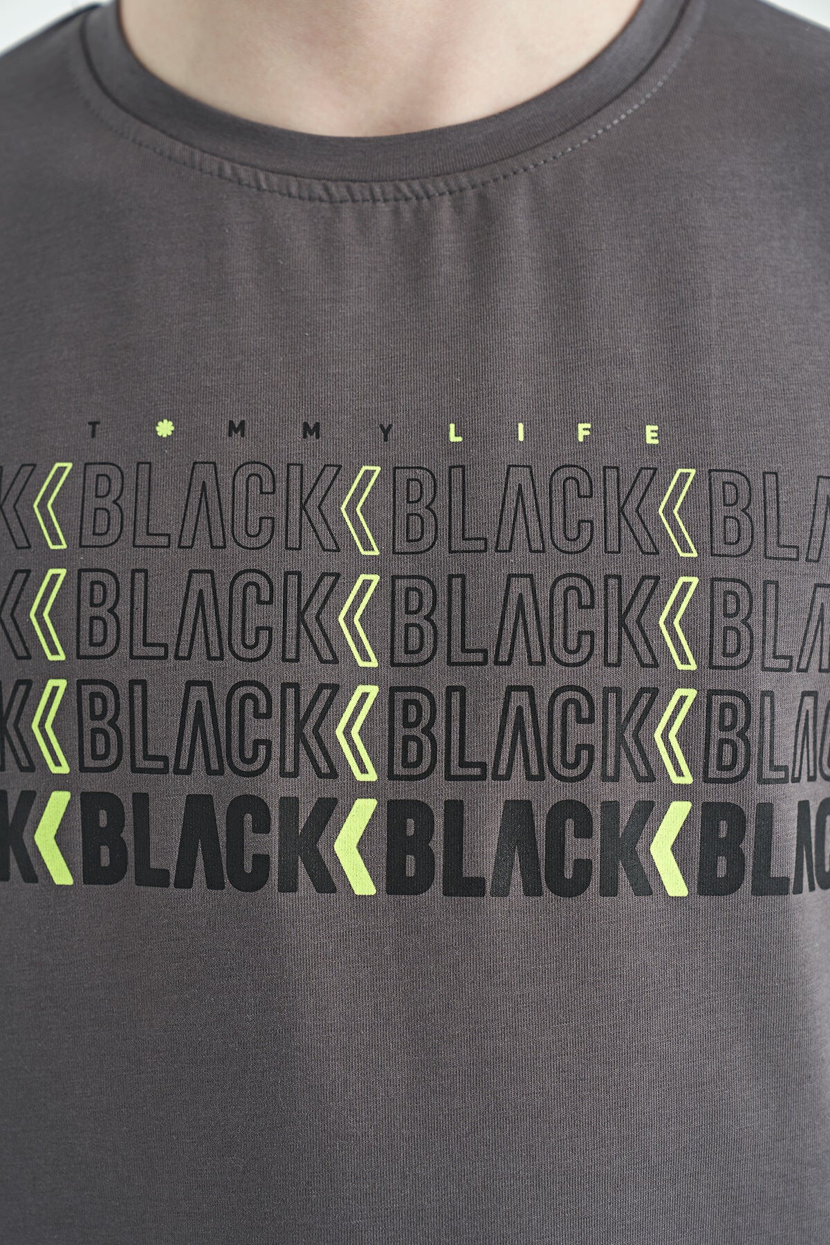 Koyu Gri Yazı Baskılı O Yaka Standart Kalıp Erkek Çocuk T-Shirt - 11149