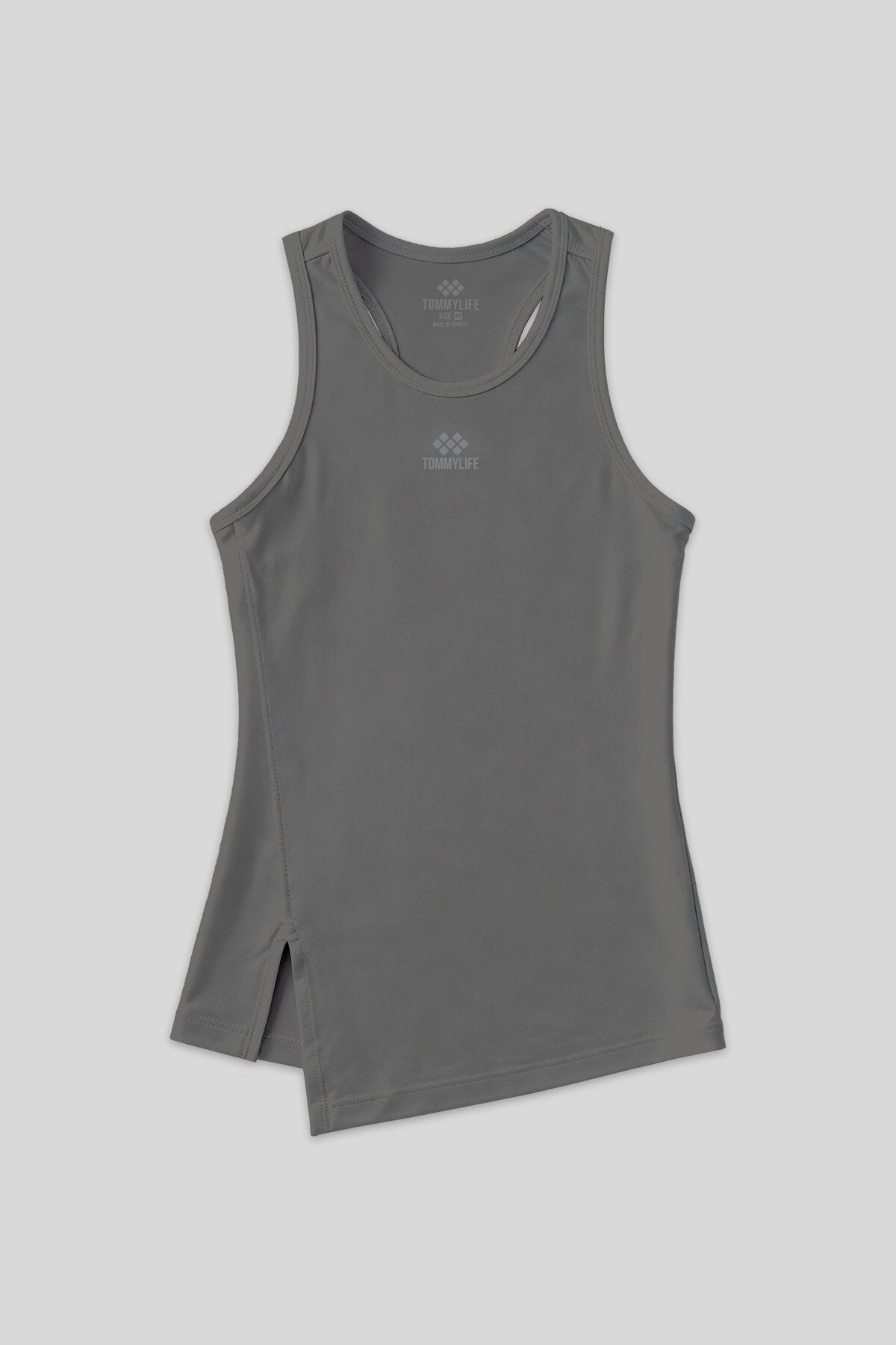 Koyu Gri Yırtmaç Detaylı O Yaka Sıfır Kollu Standart Kalıp Kadın Spor Atlet - 97256