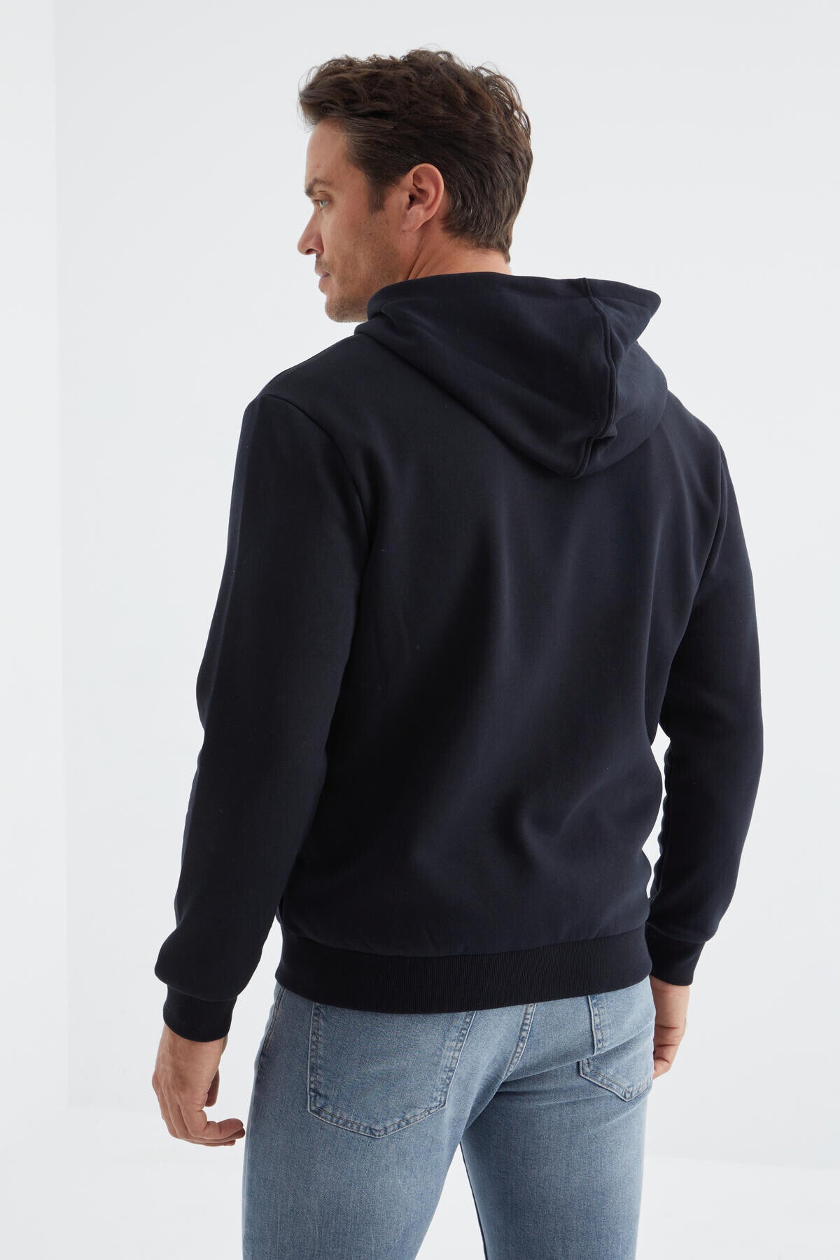 Lacivert Basic Kapüşonlu Rahat Form Nakış Detaylı Fermuarlı Erkek Sweatshirt - 88035