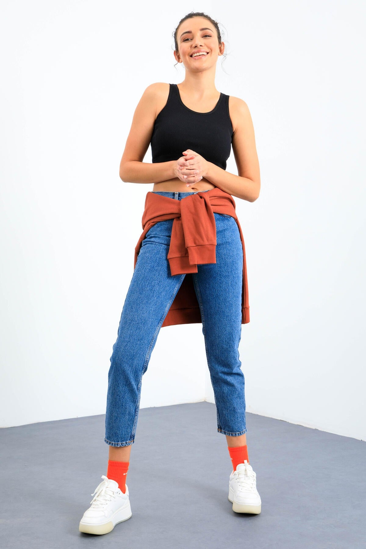 Lacivert Basic Sıfır Kol Dar Kalıp U Yaka Kadın Crop Top Atlet - 97160