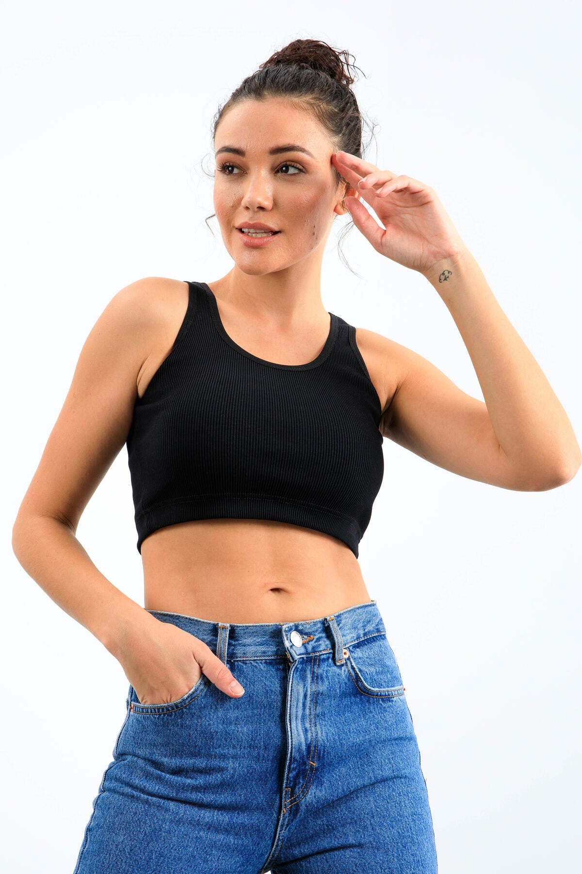 Lacivert Basic Sıfır Kol Dar Kalıp U Yaka Kadın Crop Top Atlet - 97160