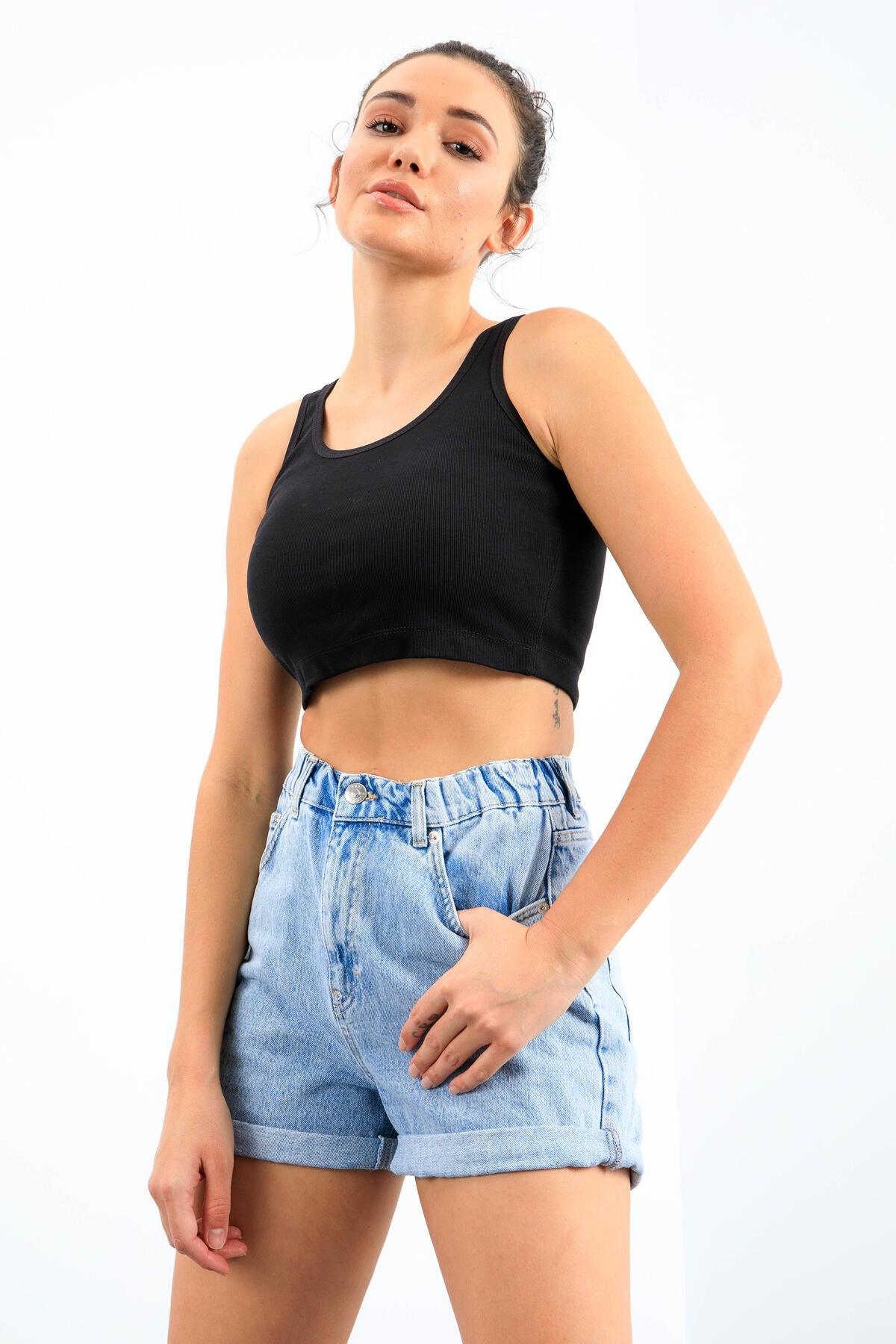 Lacivert Basic Sıfır Kol Dar Kalıp U Yaka Kadın Crop Top Atlet - 97162