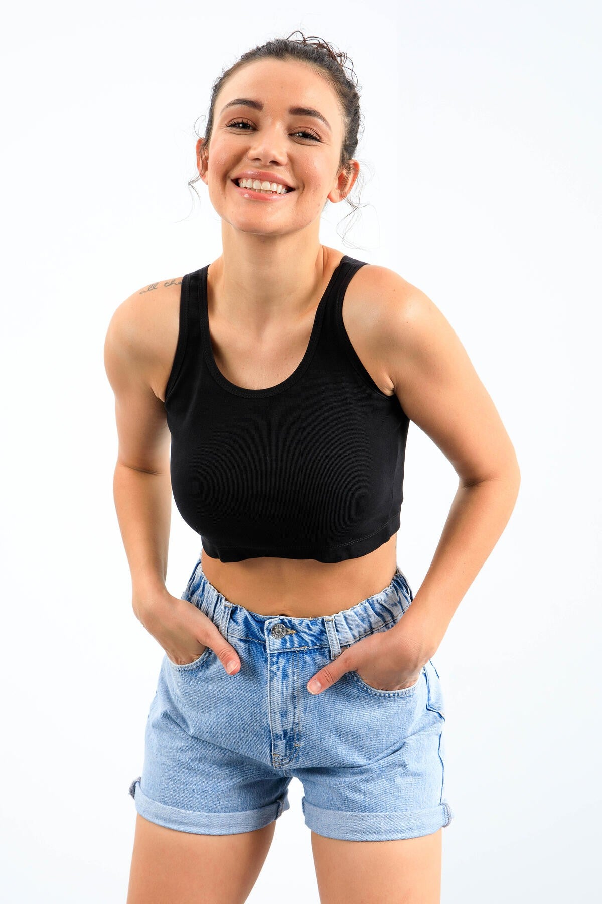 Lacivert Basic Sıfır Kol Dar Kalıp U Yaka Kadın Crop Top Atlet - 97162