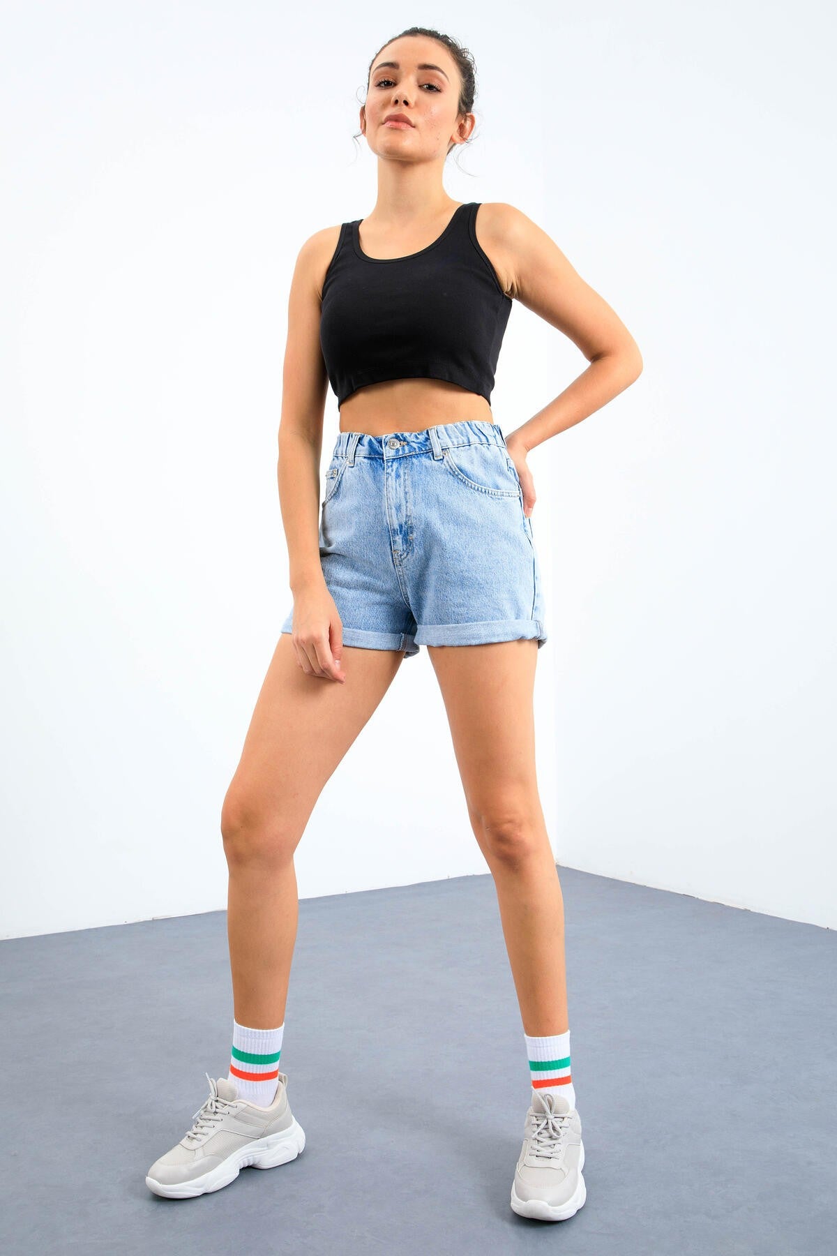 Lacivert Basic Sıfır Kol Dar Kalıp U Yaka Kadın Crop Top Atlet - 97162