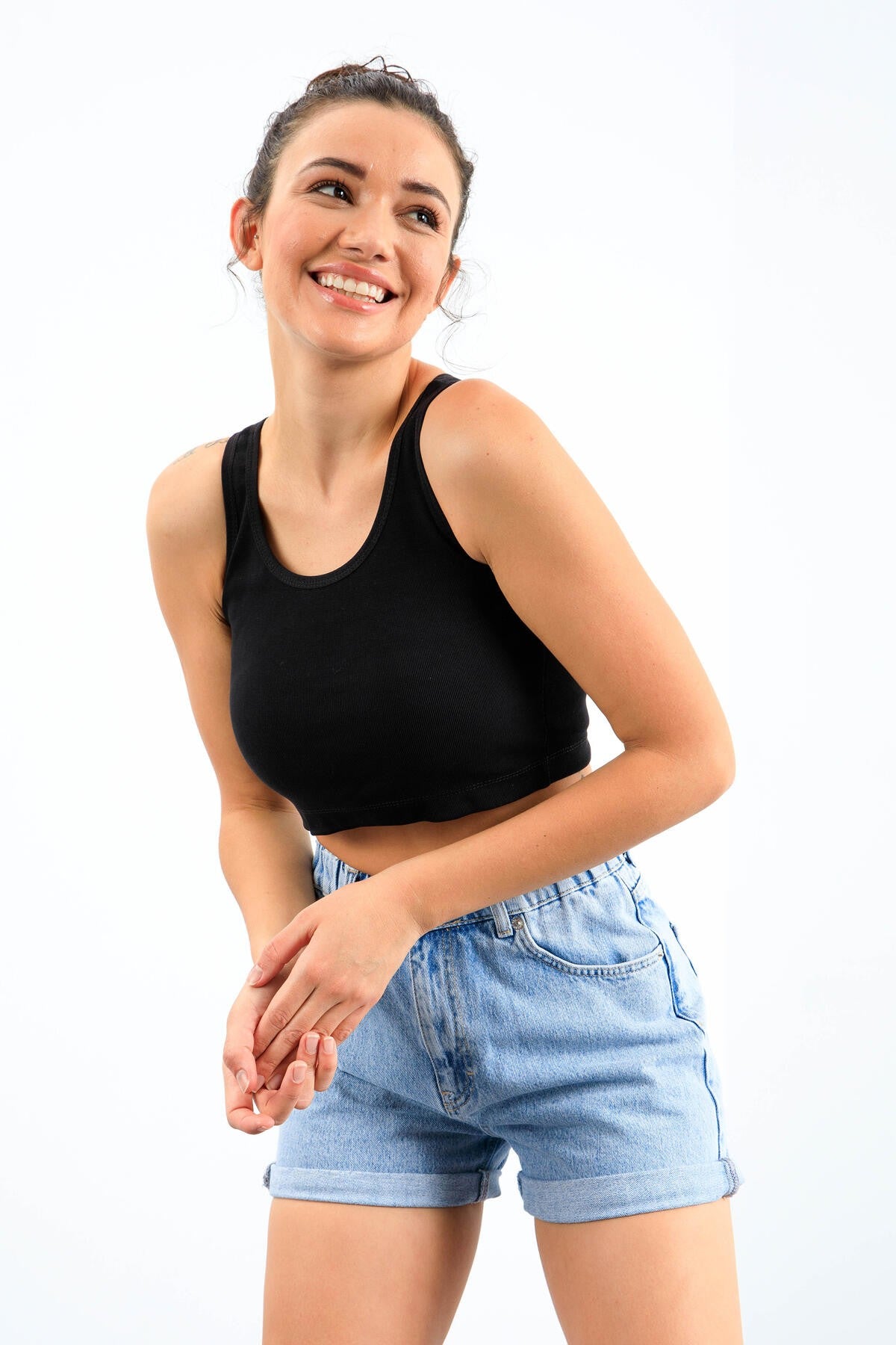 Lacivert Basic Sıfır Kol Dar Kalıp U Yaka Kadın Crop Top Atlet - 97162