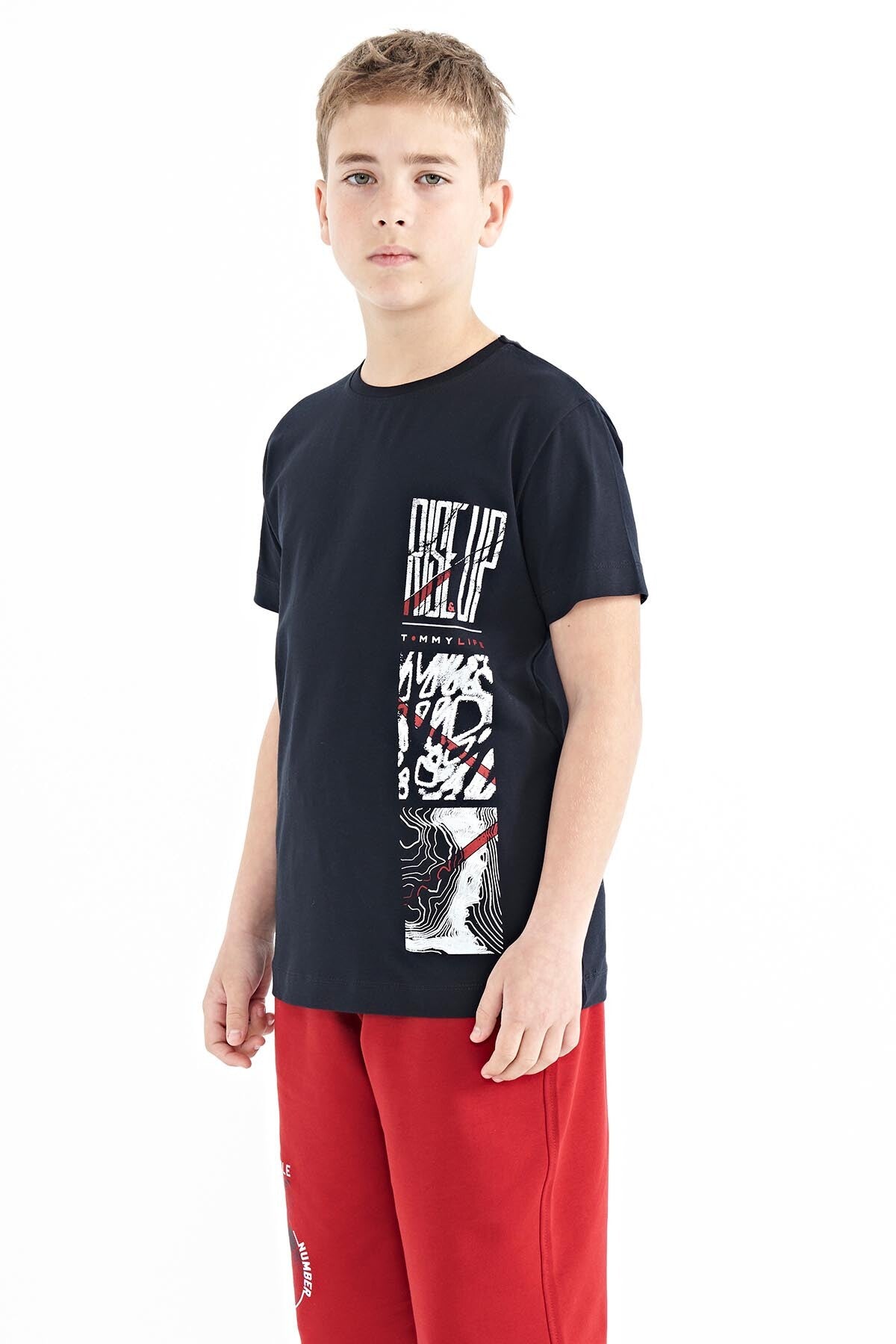 Lacivert Baskı Detaylı O Yaka Standart Kalıp Erkek Çocuk T-Shirt - 11104