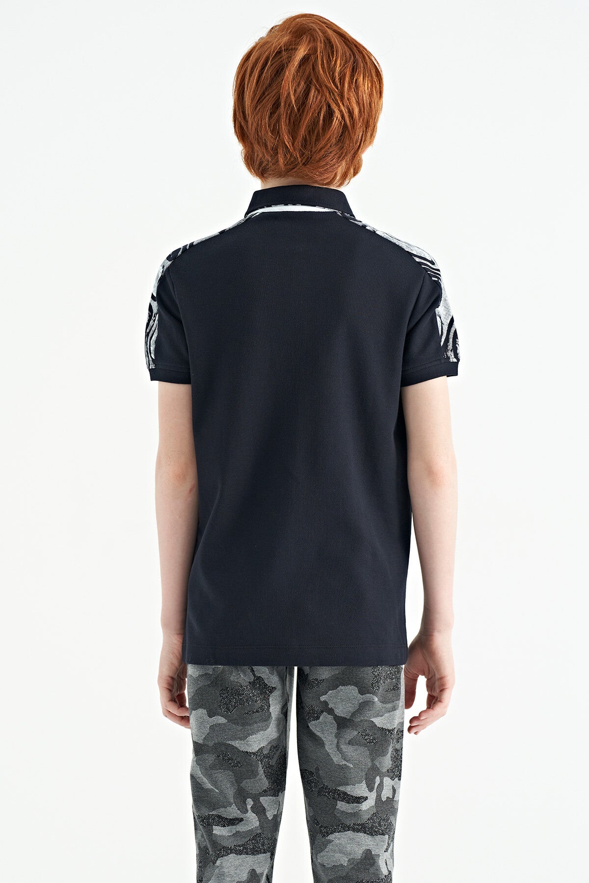 Lacivert Baskı Detaylı Pola Yaka Standart Kalıp Erkek Çocuk T-Shırt - 11166