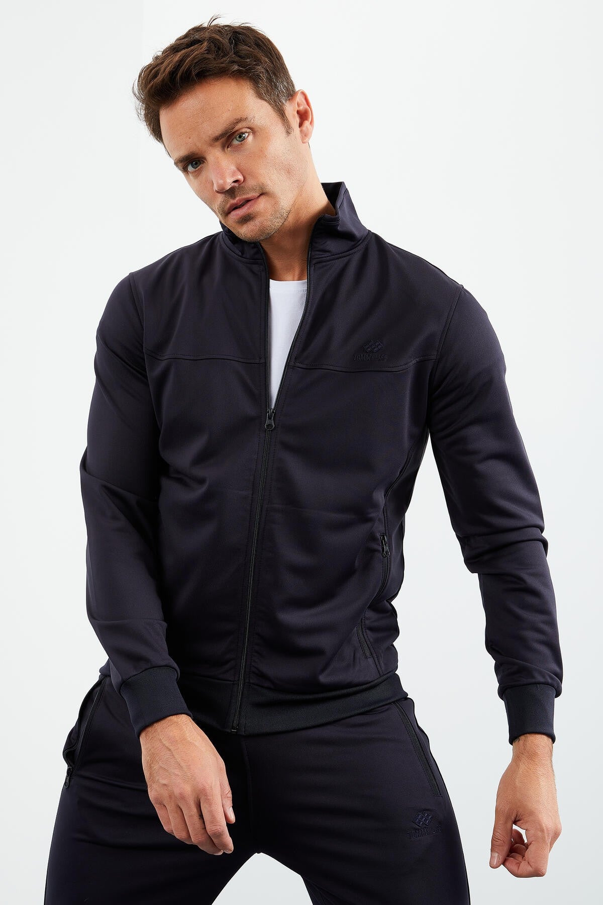 Lacivert Dik Yaka Fermuarlı Standart Kalıp Klasik Paça Erkek Eşofman Takımı - 85162