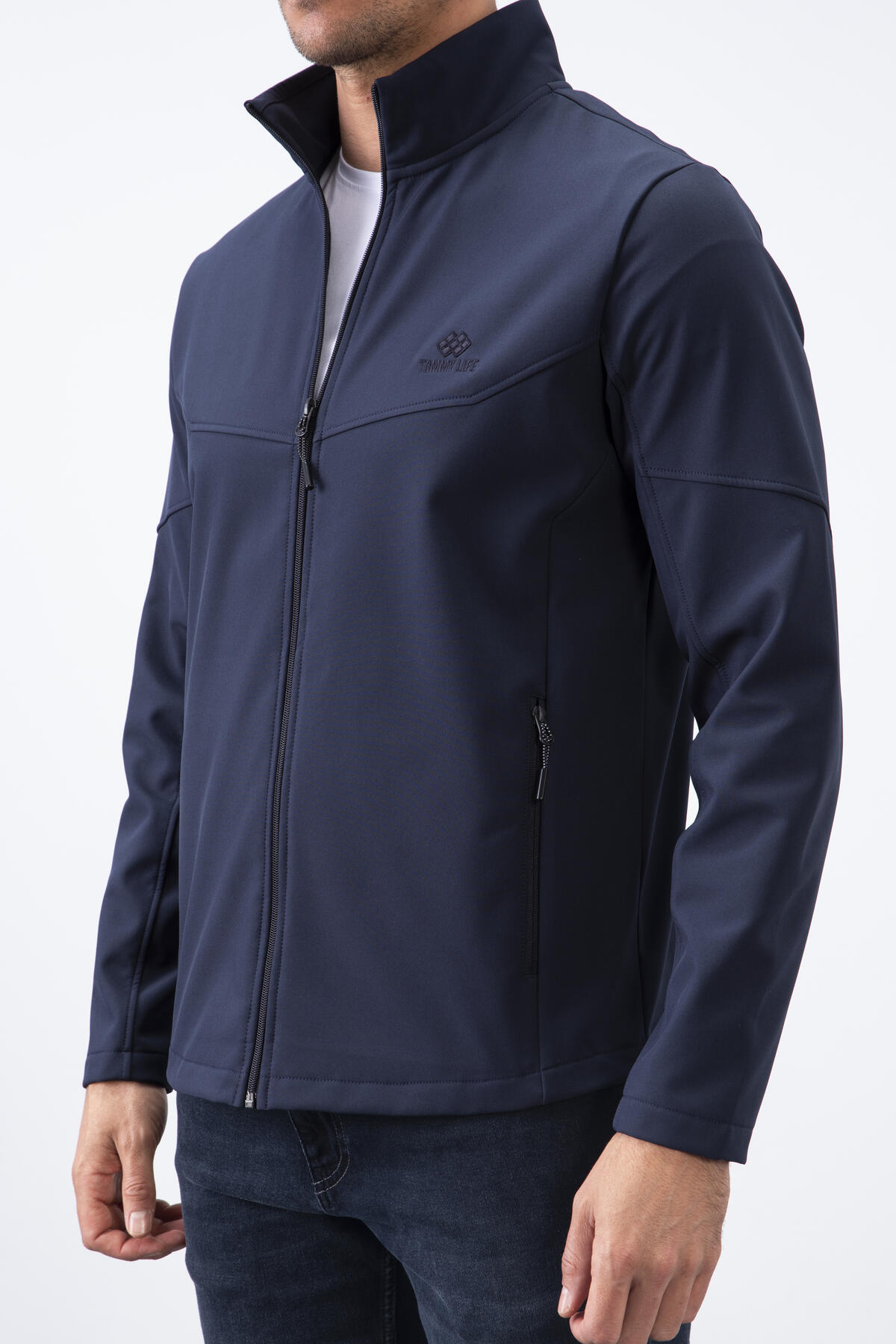 Lacivert Fermuarlı Dik Yaka Su ve Rüzgar Geçirmez Softshell Erkek Mont - 88050