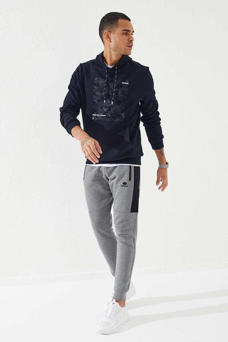 Lacivert Kamuflaj Desen Baskılı Standart Kalıp Kapüşonlu Erkek Sweatshirt - 87884