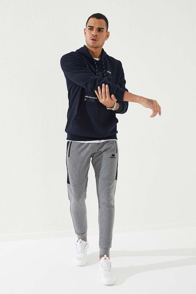 Lacivert Kamuflaj Desen Baskılı Standart Kalıp Kapüşonlu Erkek Sweatshirt - 87884