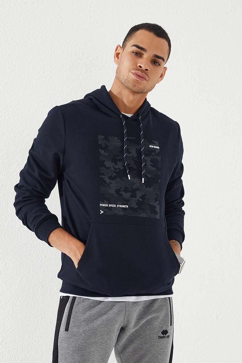 Lacivert Kamuflaj Desen Baskılı Standart Kalıp Kapüşonlu Erkek Sweatshirt - 87884