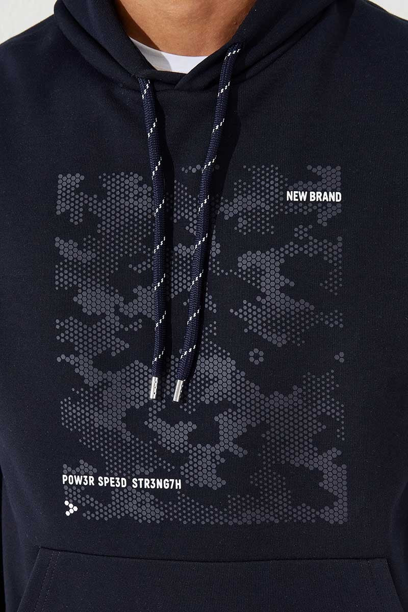 Lacivert Kamuflaj Desen Baskılı Standart Kalıp Kapüşonlu Erkek Sweatshirt - 87884
