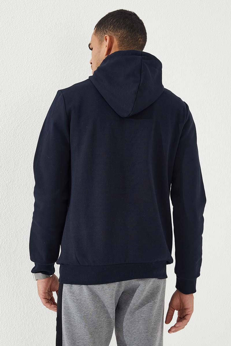 Lacivert Kamuflaj Desen Baskılı Standart Kalıp Kapüşonlu Erkek Sweatshirt - 87884