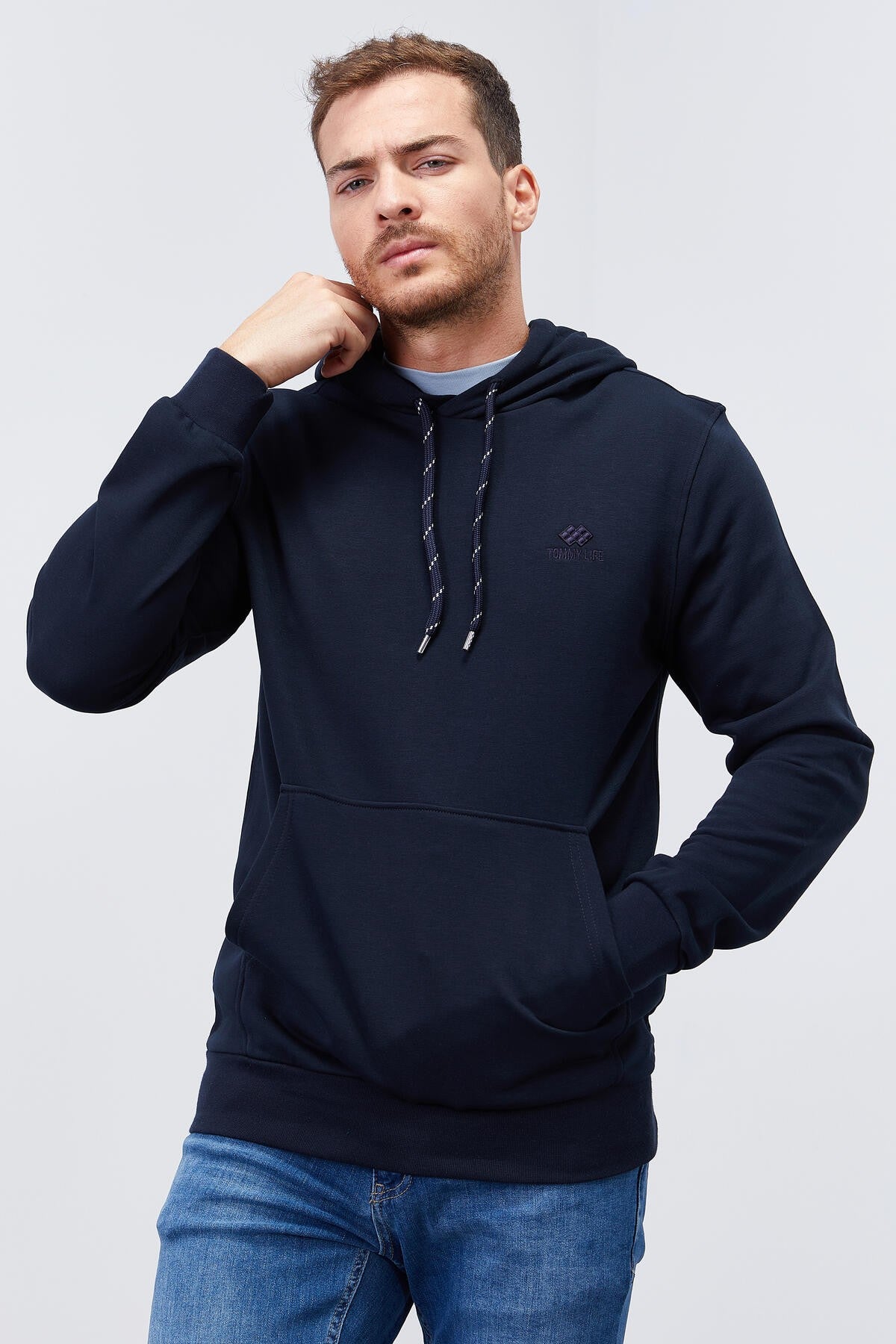 Lacivert Kanguru Cep Standart Kalıp Kapüşonlu Erkek Sweatshirt - 87872