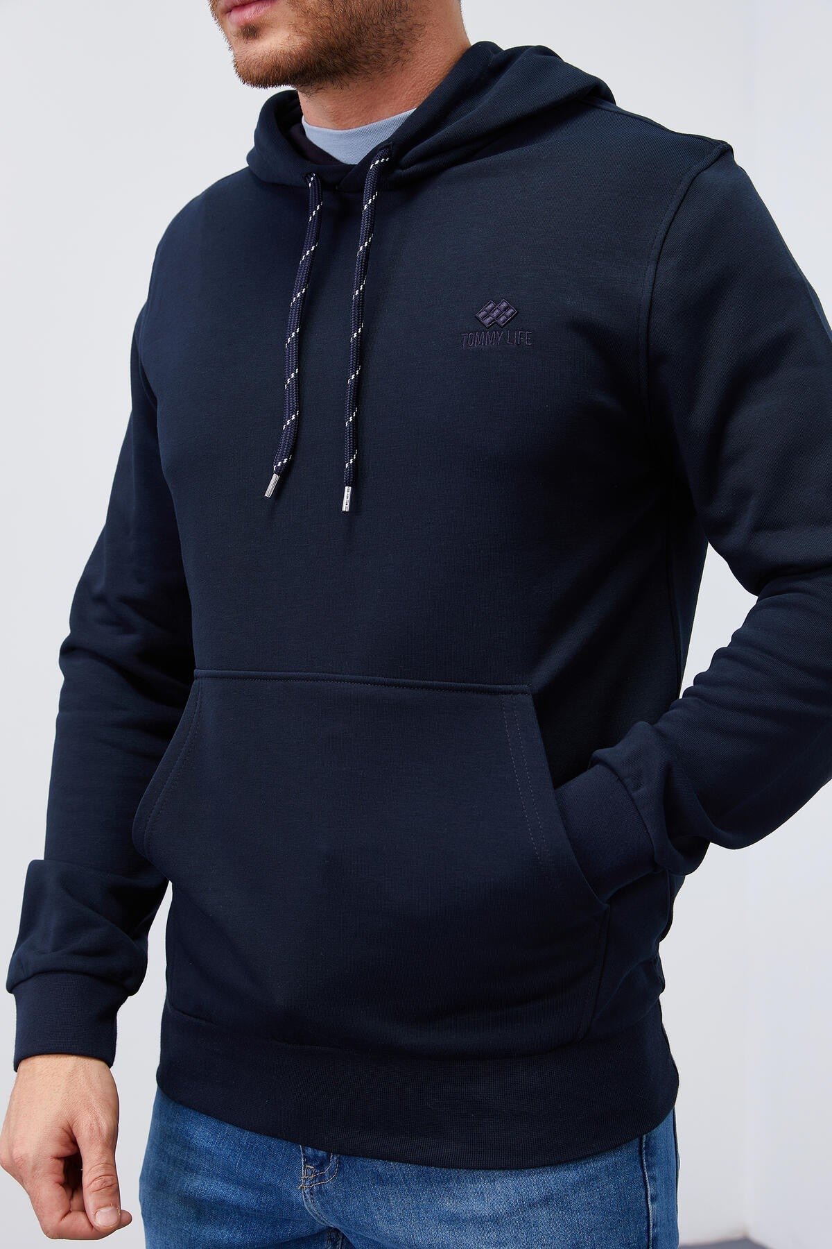 Lacivert Kanguru Cep Standart Kalıp Kapüşonlu Erkek Sweatshirt - 87872