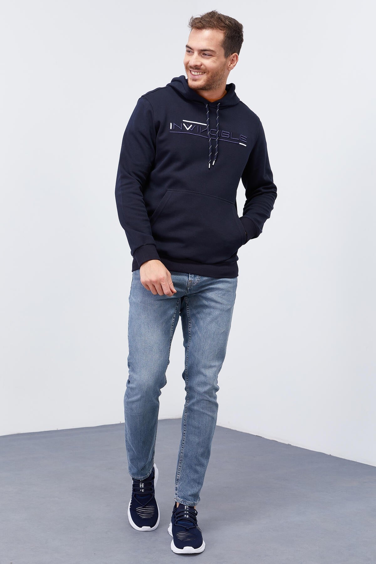 Lacivert Kanguru Cep Standart Kalıp Kapüşonlu Erkek Sweatshirt - 87883