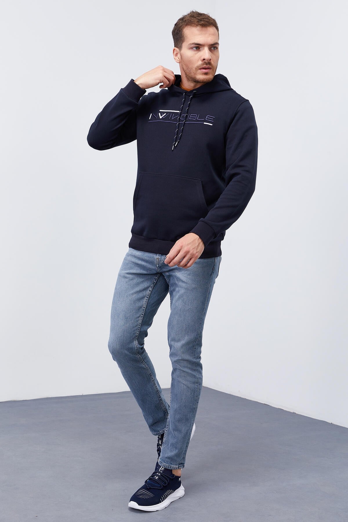 Lacivert Kanguru Cep Standart Kalıp Kapüşonlu Erkek Sweatshirt - 87883