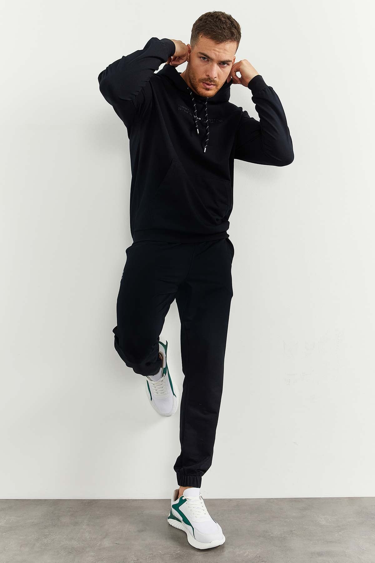 Lacivert Kapüşonlu Kanguru Cep Lastik Paça Erkek Oversize Eşofman Takımı - 85117