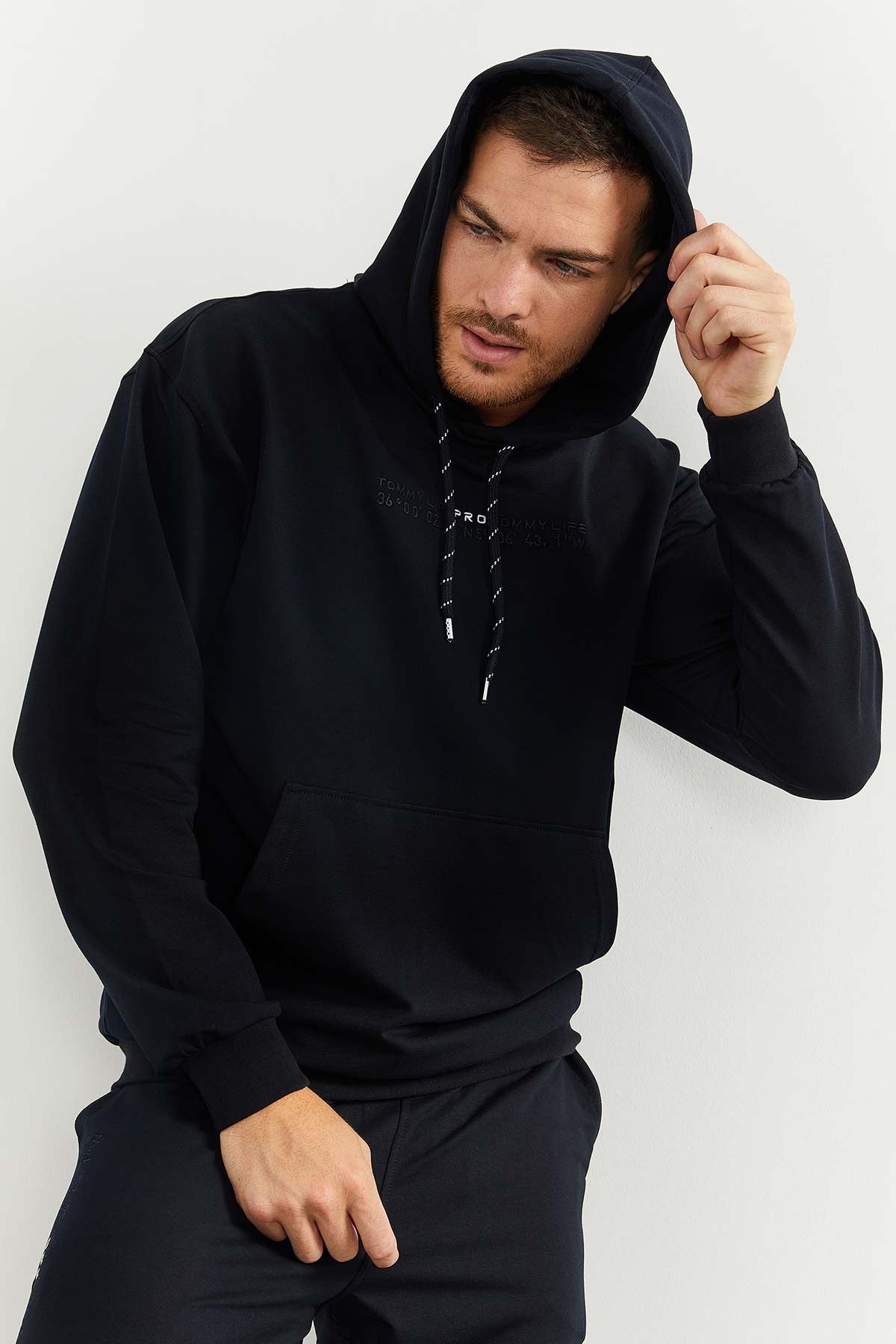 Lacivert Kapüşonlu Kanguru Cep Lastik Paça Erkek Oversize Eşofman Takımı - 85117