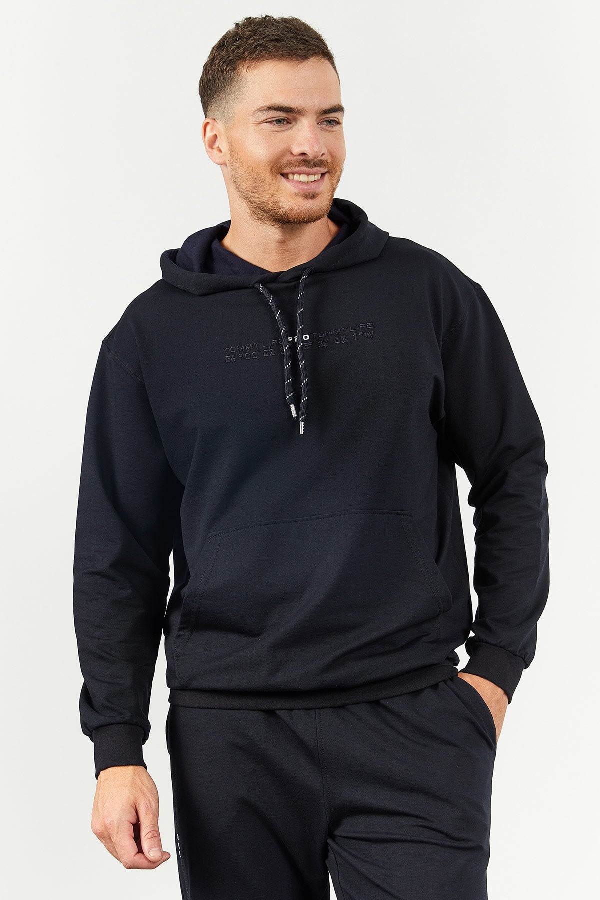 Lacivert Kapüşonlu Kanguru Cep Lastik Paça Erkek Oversize Eşofman Takımı - 85117