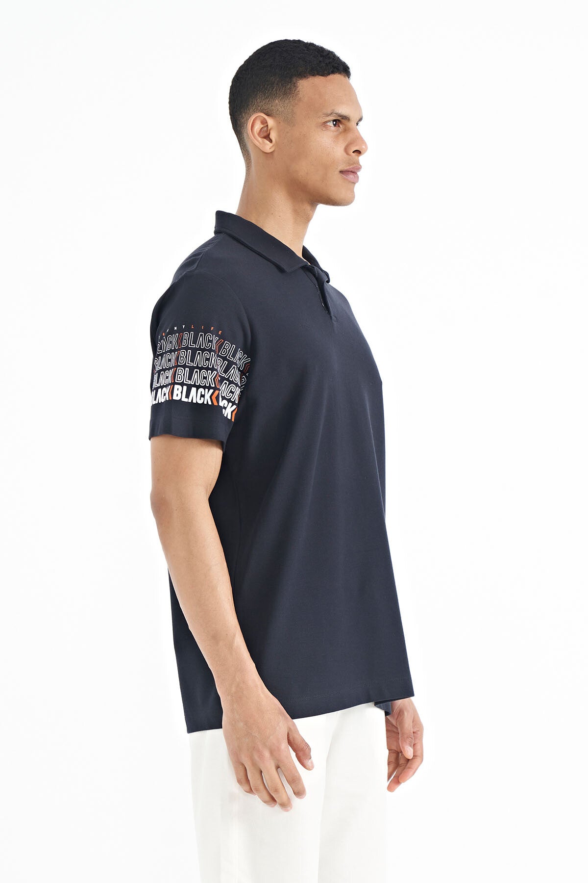 Lacivert Kol Baskı Detaylı Polo Yaka Standart Form Erkek T-shirt - 88240
