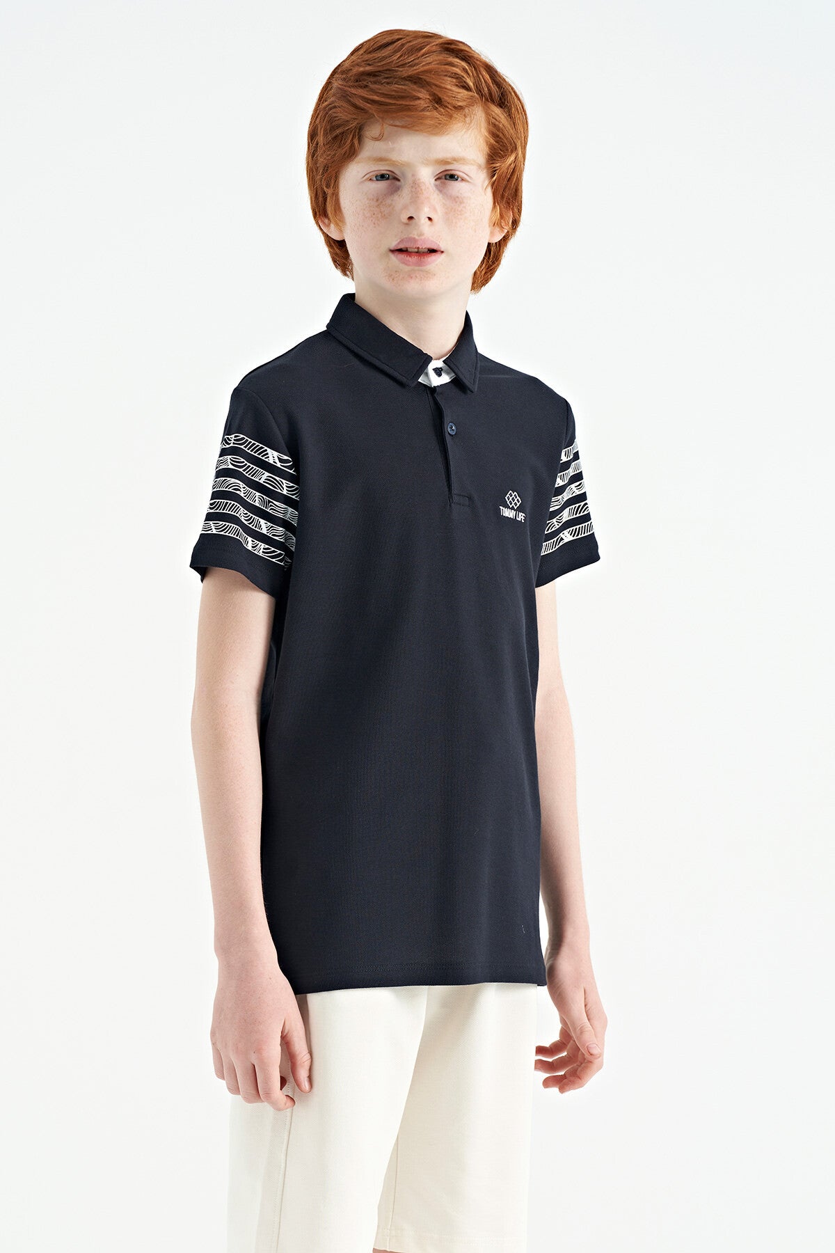 Lacivert Kol Baskı Detaylı Standart Kalıp Polo Yaka Erkek Çocuk T-Shirt - 11093