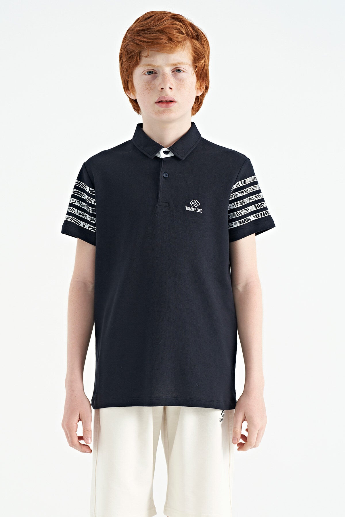 Lacivert Kol Baskı Detaylı Standart Kalıp Polo Yaka Erkek Çocuk T-Shirt - 11093