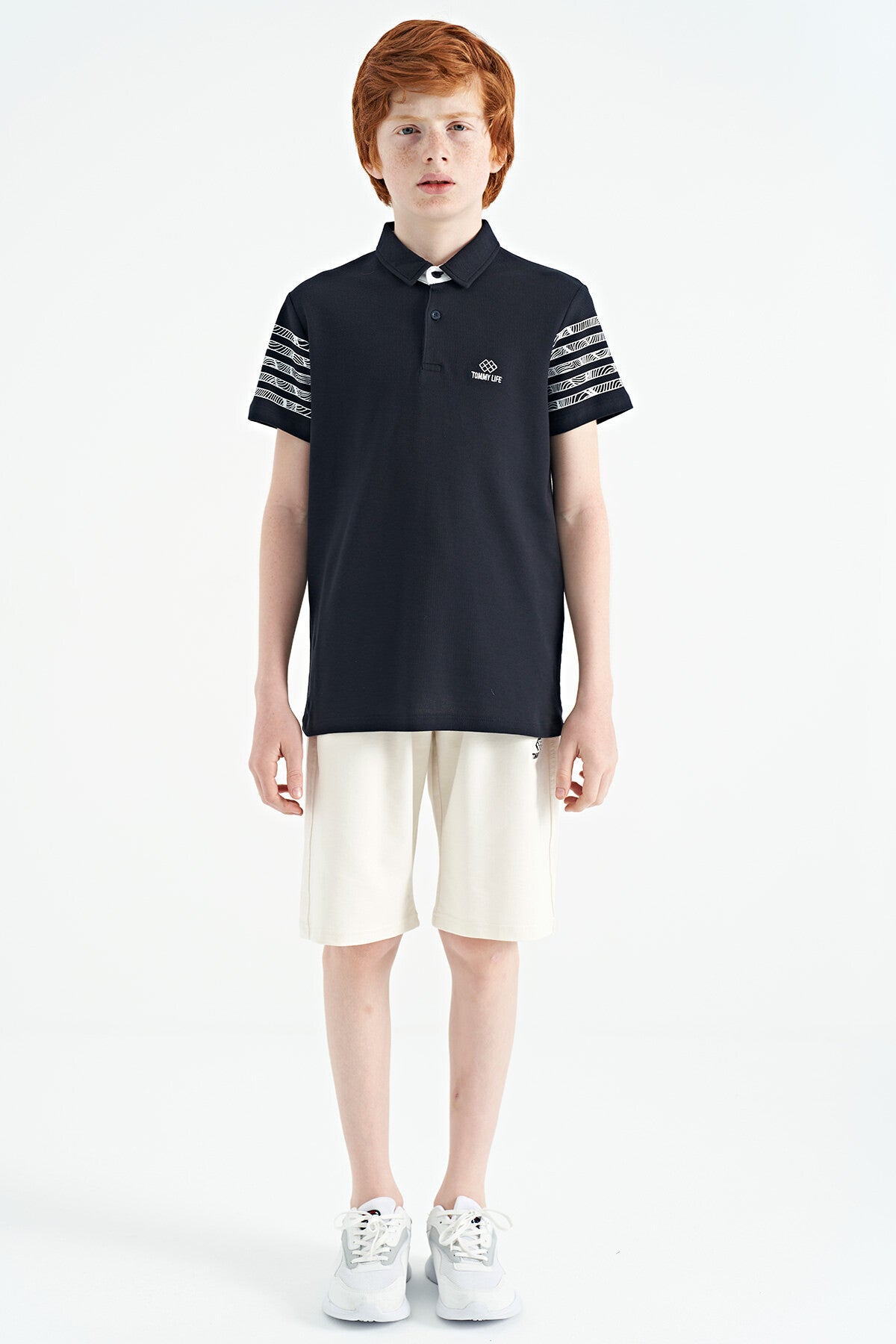 Lacivert Kol Baskı Detaylı Standart Kalıp Polo Yaka Erkek Çocuk T-Shirt - 11093