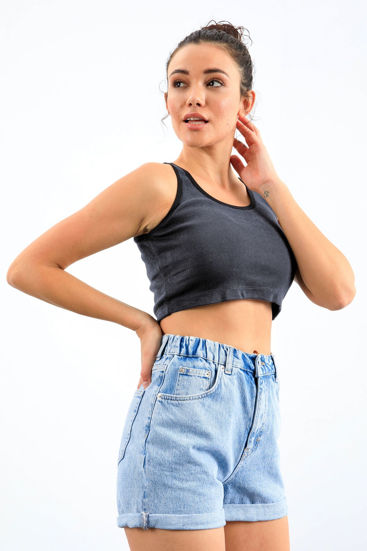 Lacivert Melanj Basic Sıfır Kol Dar Kalıp U Yaka Kadın Crop Top Atlet - 97162