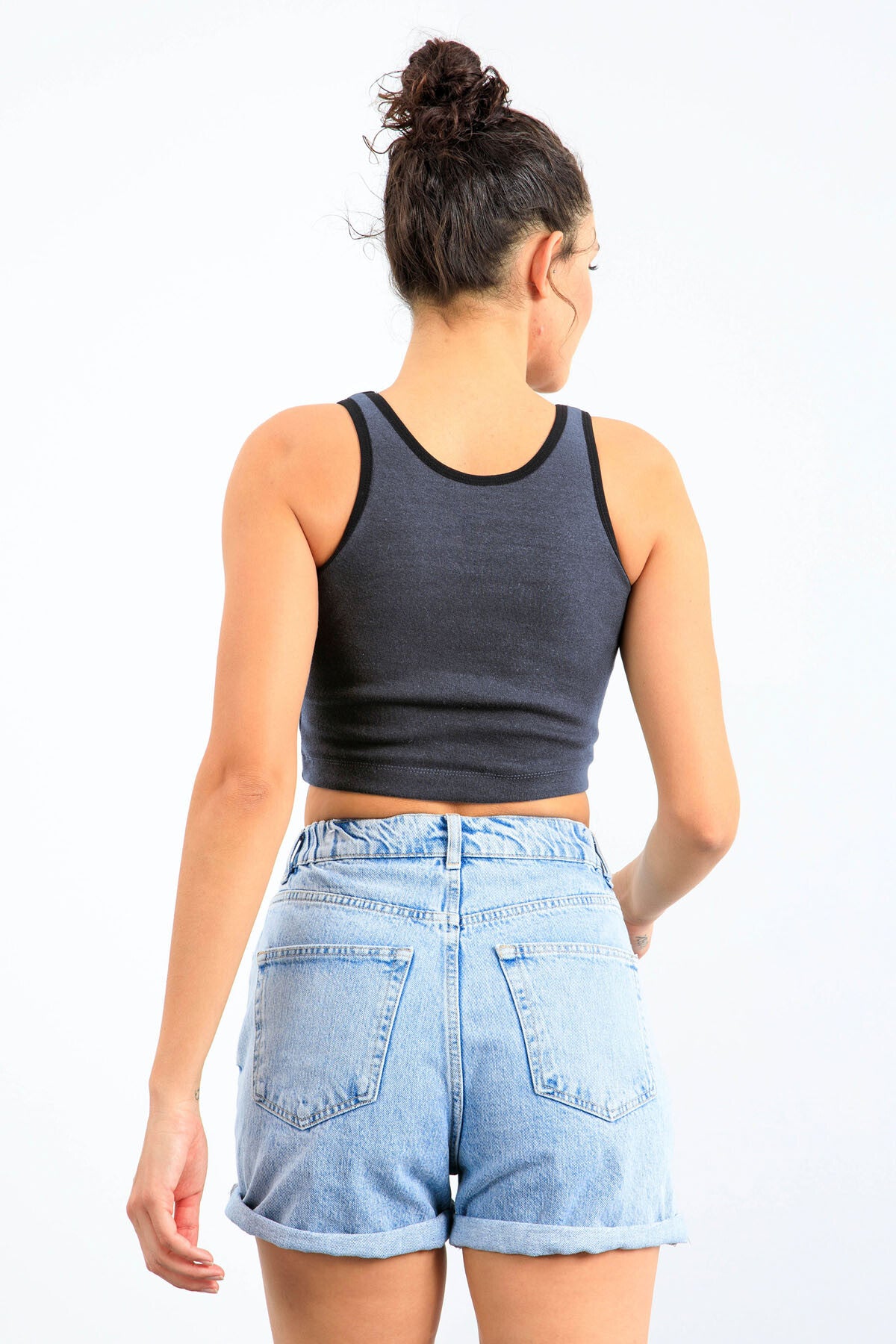 Lacivert Melanj Basic Sıfır Kol Dar Kalıp U Yaka Kadın Crop Top Atlet - 97162