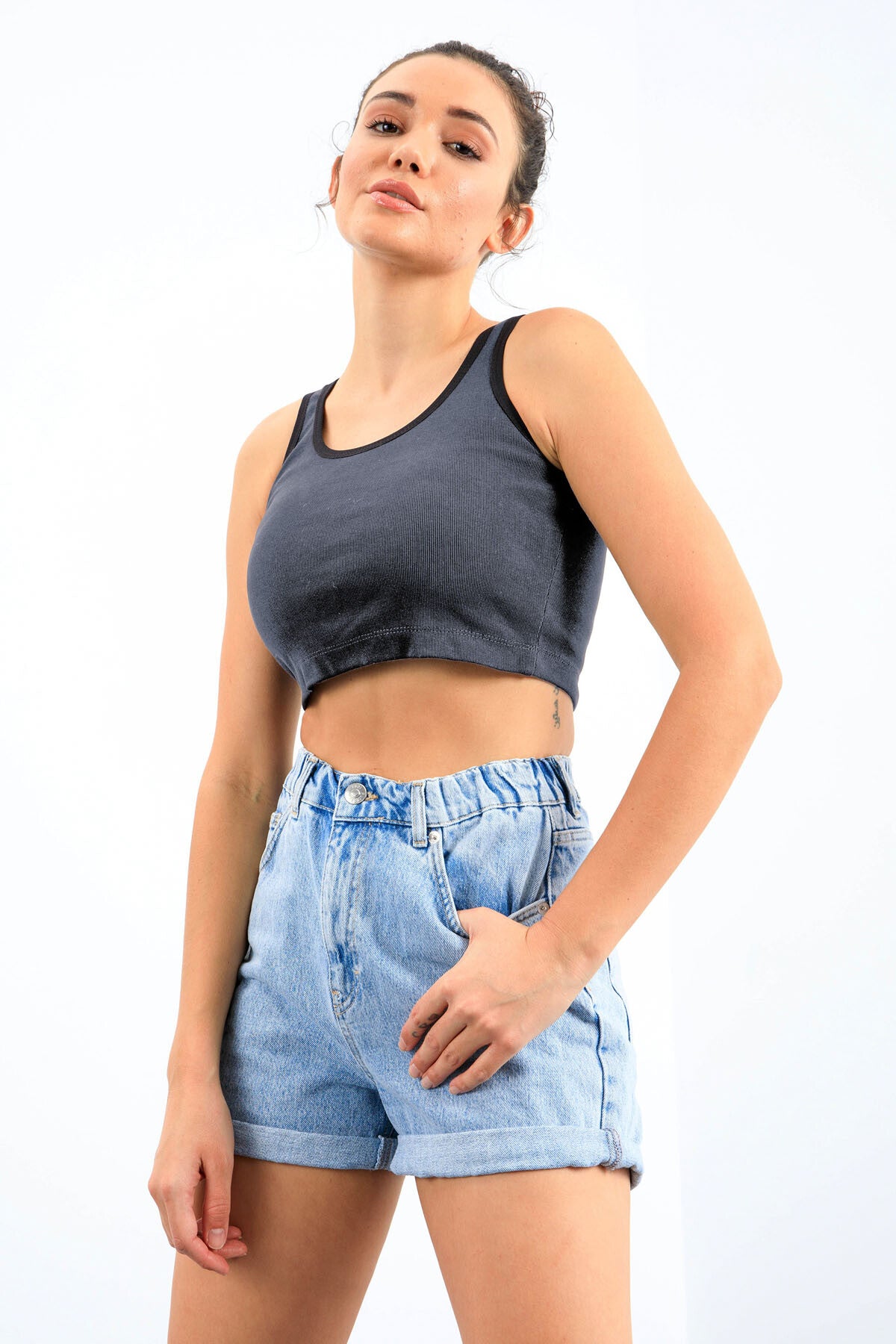 Lacivert Melanj Basic Sıfır Kol Dar Kalıp U Yaka Kadın Crop Top Atlet - 97162