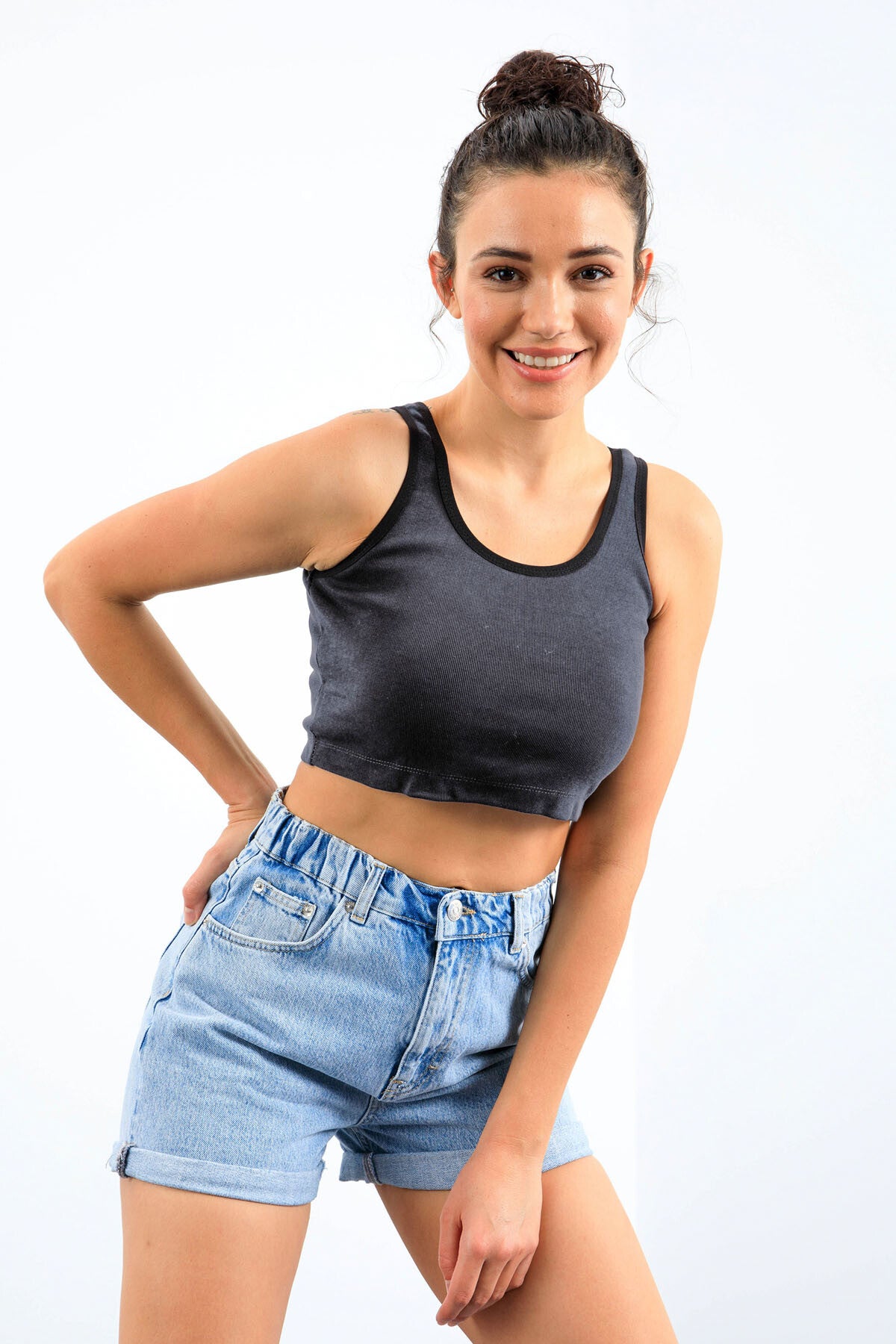 Lacivert Melanj Basic Sıfır Kol Dar Kalıp U Yaka Kadın Crop Top Atlet - 97162