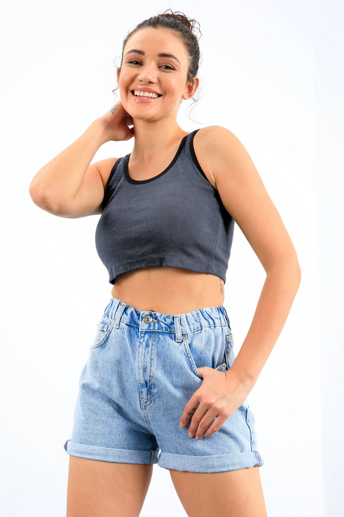 Lacivert Melanj Basic Sıfır Kol Dar Kalıp U Yaka Kadın Crop Top Atlet - 97162