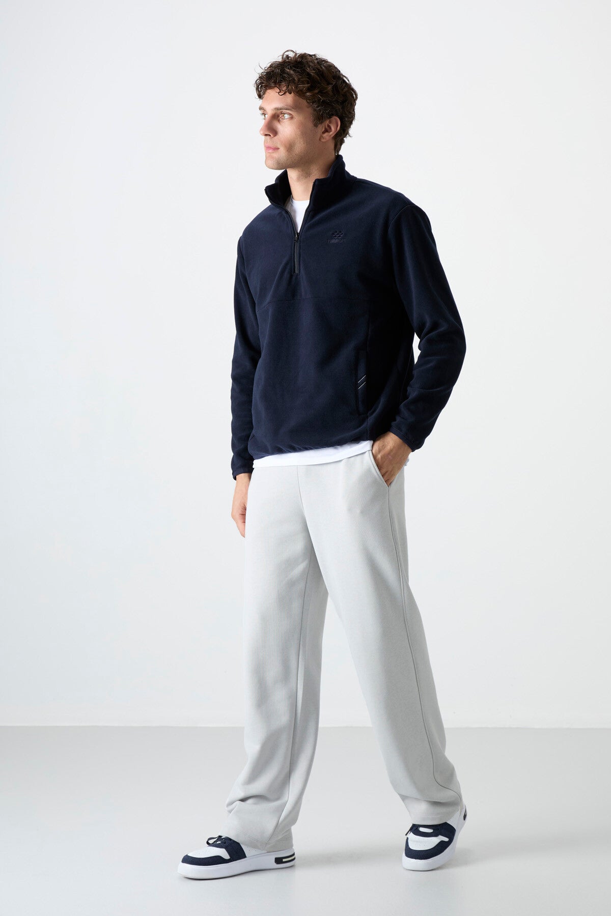 Lacivert Yarım Fermuarlı Sweatshirt Slim Fit Dik Yaka Erkek Polar - 87891