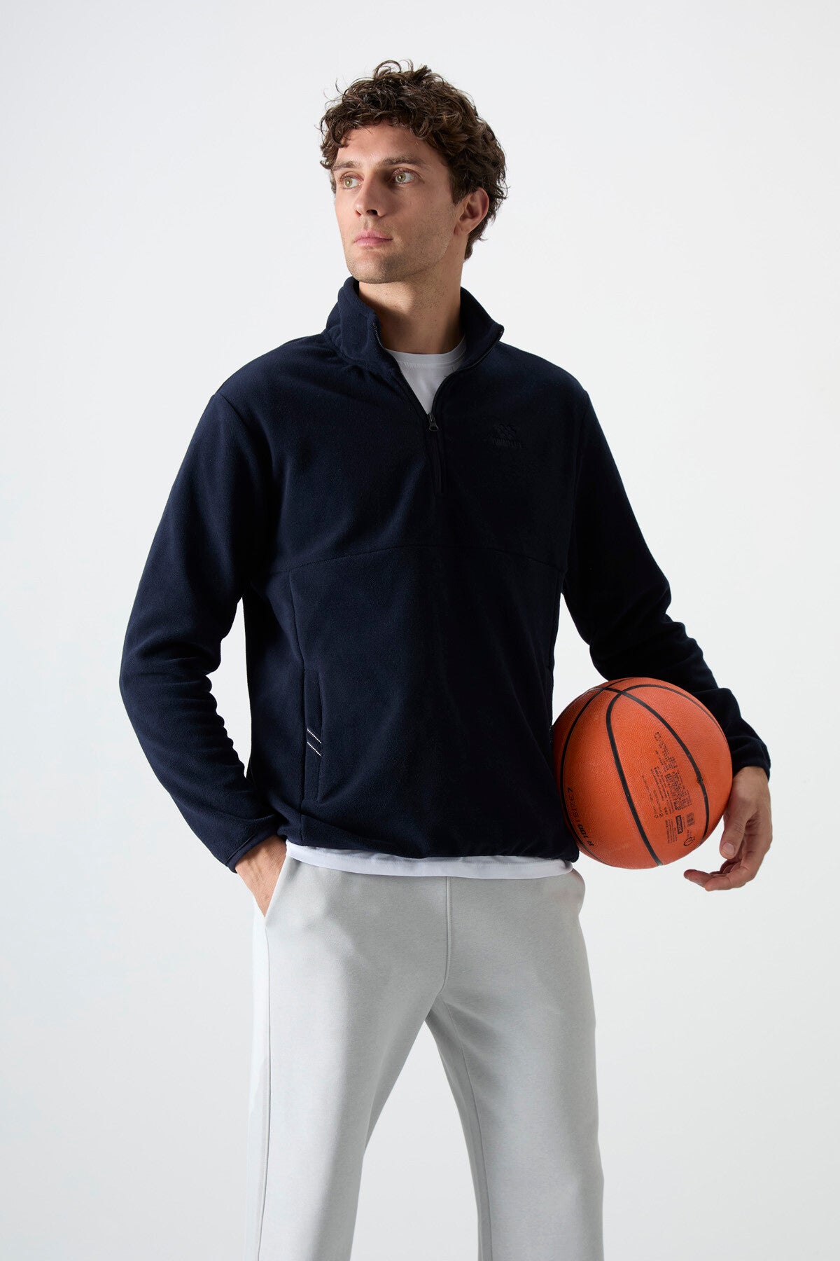 Lacivert Yarım Fermuarlı Sweatshirt Slim Fit Dik Yaka Erkek Polar - 87891