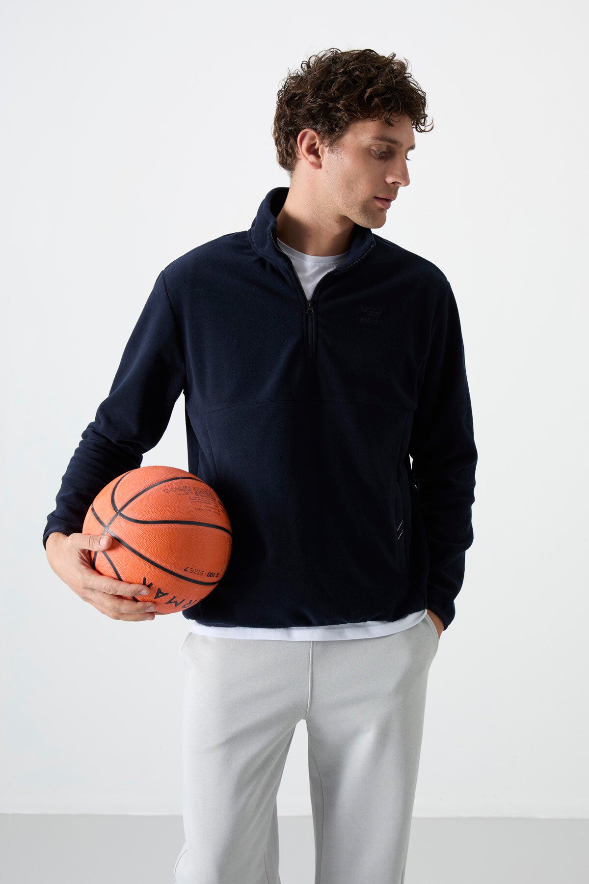 Lacivert Yarım Fermuarlı Sweatshirt Slim Fit Dik Yaka Erkek Polar - 87891